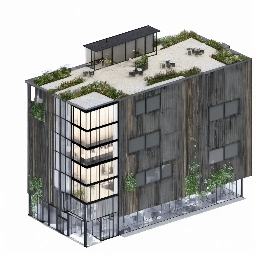 render this office building with natural materials. Add a cafe, bar and green garden on the roof.