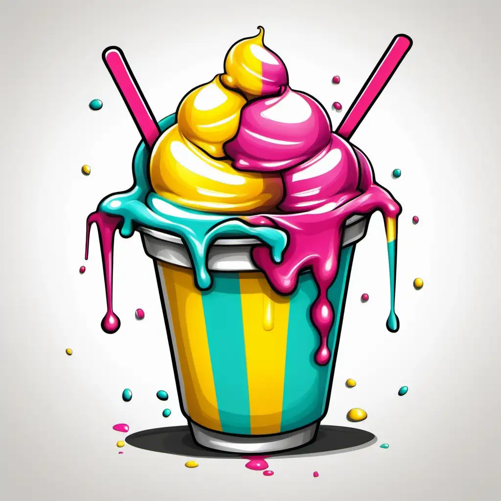 CREATE A CARTOON GRAFFITI IMAGE OF ONE ITALIAN ICE WITH PINK YELLOW TEAL SCOOPS IN A CUP. WHITE BACKGROUND. NO FACE