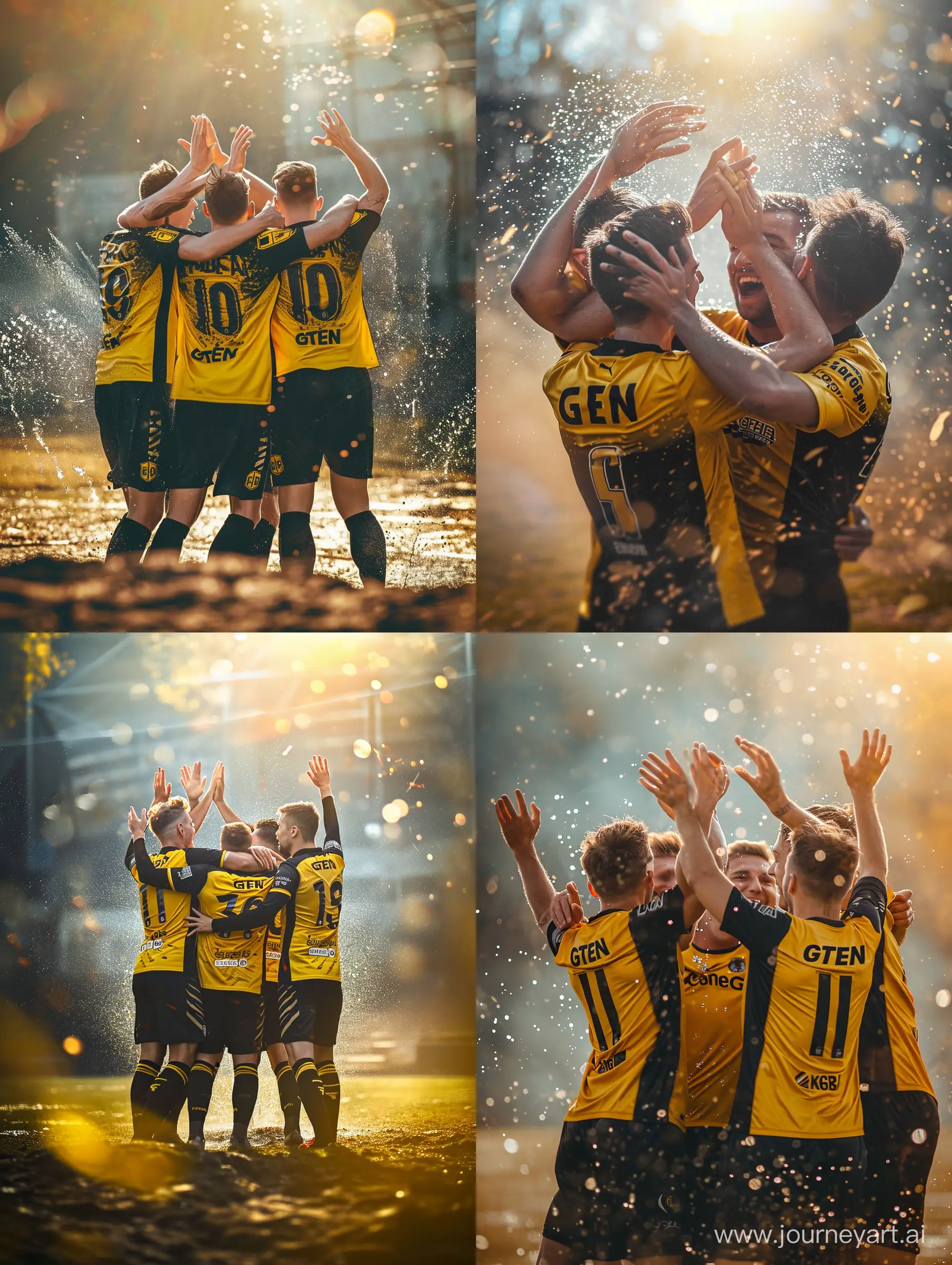 Ultra realistic,4 soccer players do a goal celebration. hug while raising hands. yellow and black jersey. there is 'GTEN' written on the jersey. on the syntactic field. there is a little splash of water. war background. refraction of sunlight. canon eos-id x mark iii dslr --v 6.0