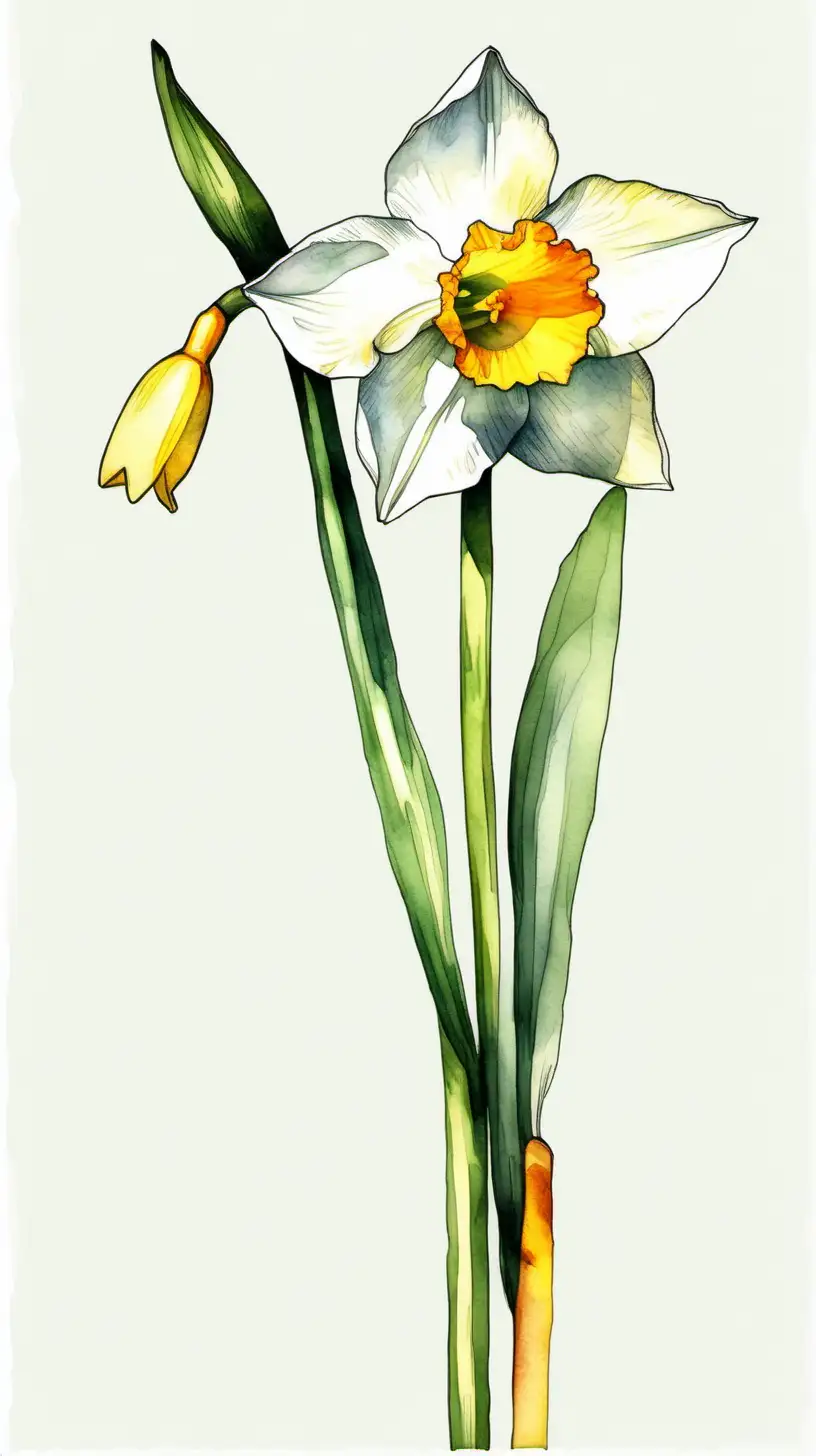 Elegant Single Narcissus Flower in Watercolor Style on White Background
