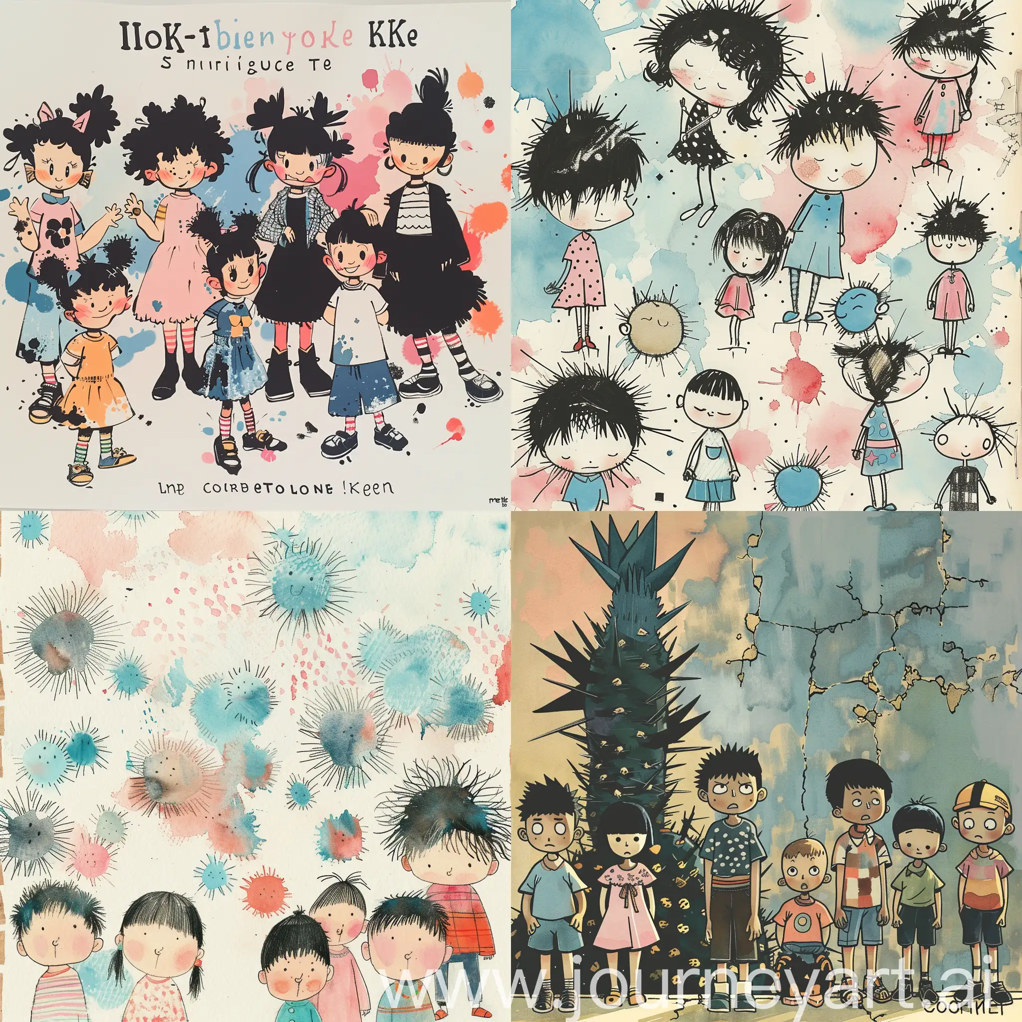 a cartoon showing several children, in the style of salon kei, dadaist photomontage, natural fibers, whimsical minimalism, sharp/prickly, 1990s, quirky character designs, background in color Cultured, pastel transparent watercolors, use the following colors, Light Cobalt Blue, American Pink, Eton Blue, Black, Sage--ar 52:31