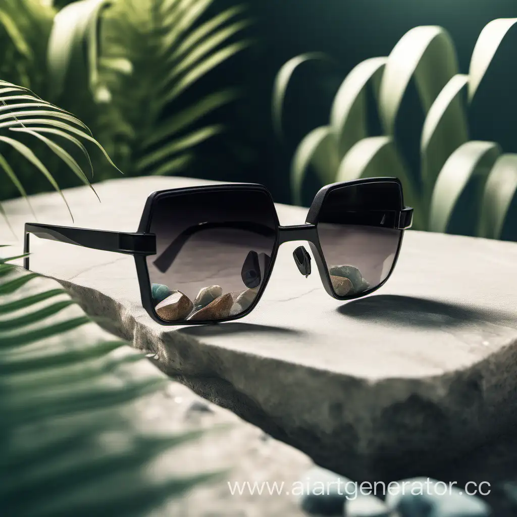 A set of sunglasses are lying on a futuristic table, surrounded by natural stones and plants