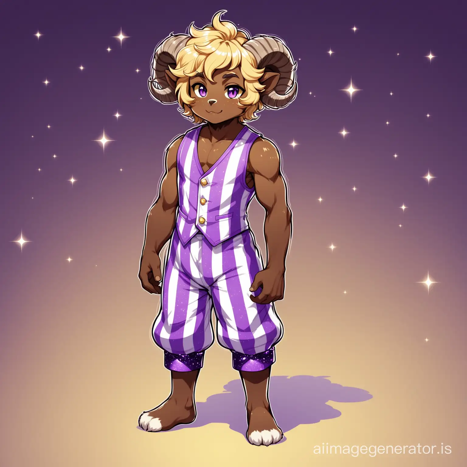 Dark skinned male satyr with curly blond hair and childlike proportions with furry goatlike legs. Wearing a purple sparkly vest and purple striped knickerbockers.
