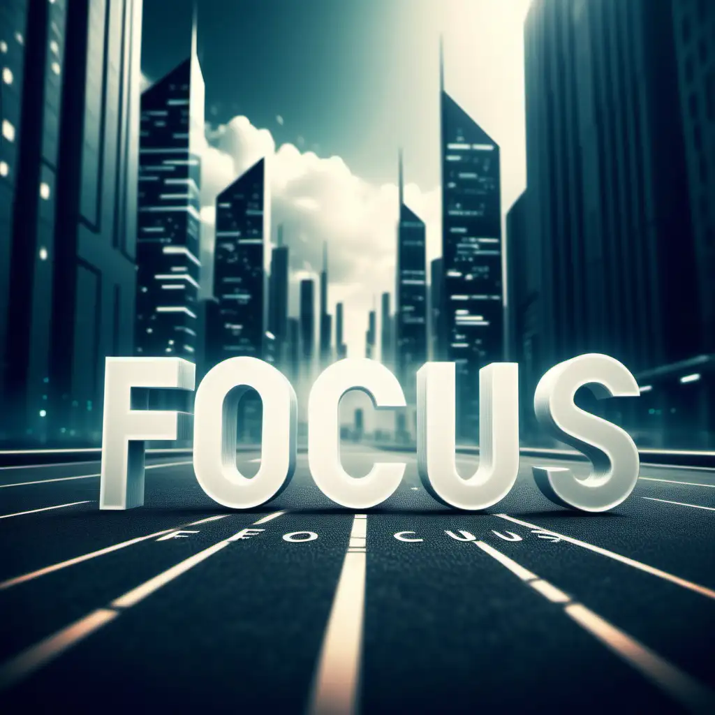 Design a futuristic blurry atmosphere where in the midst of the blur the words focus is forming. Create it in the midst of a path to success in a futuristic city