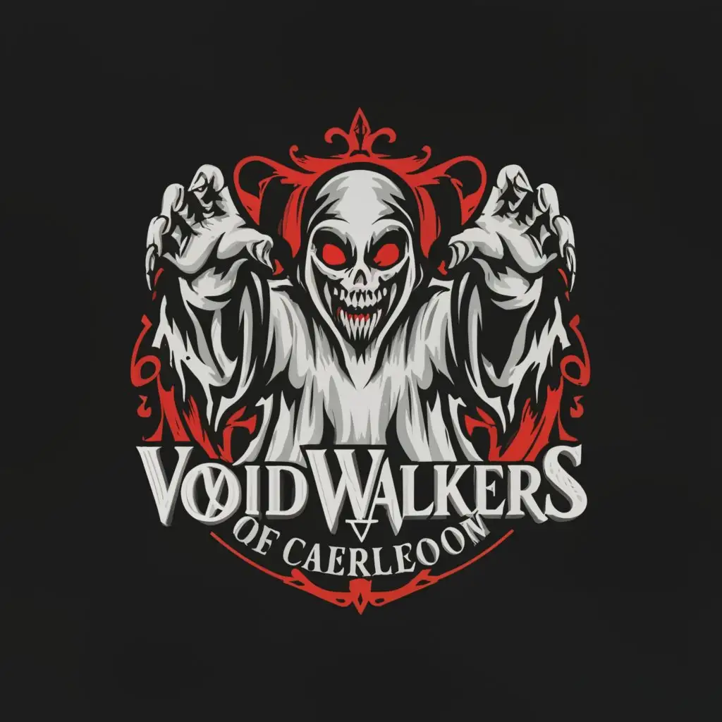 a logo design,with the text "VOIDWALKERS\Caerleon", main symbol:White ghost ghoul with red eyes + mouth spooking with hands above head. Text 'VOIDWALKERS' above logo. 'Caerleon' underneath logo,complex,,clear background