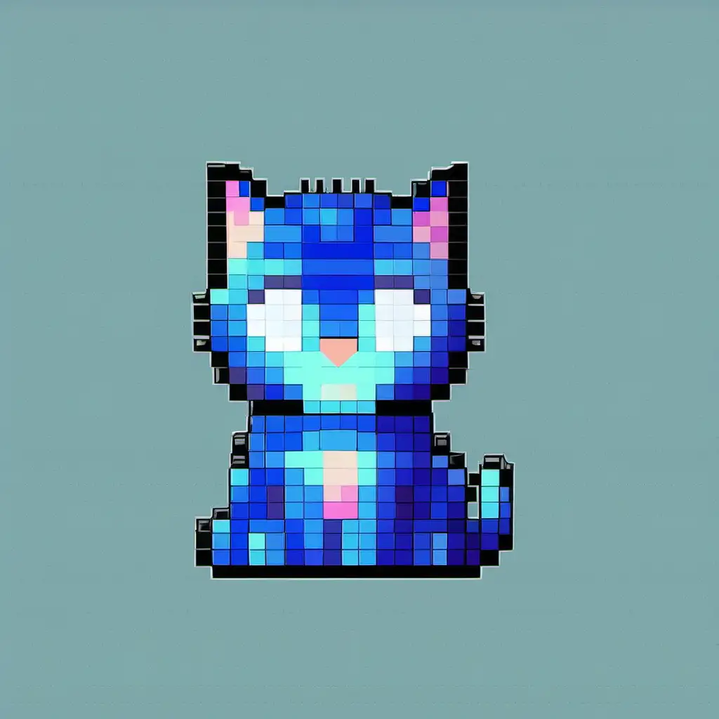 Whimsical Pixel Art Playful Blue Cat in a Tiny World