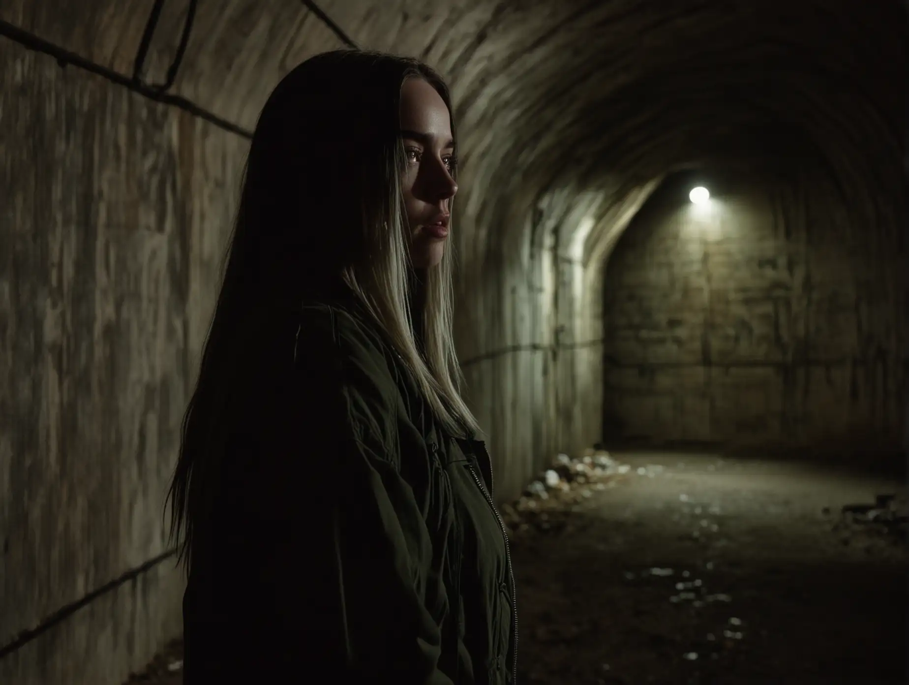 Wide shot of defiant Billie Eilish lit mostly in profile in shadows in dark underground industrial tunnel