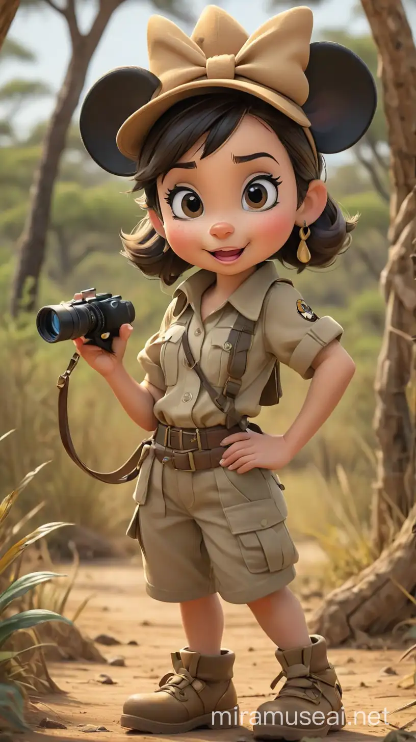 Create a chibi illustration of Minnie Mouse dressed in the classic safari outfit, following all the details and proportions of this famous Walt Disney character, holding binoculars in a setting that refers to the African savannah and its fauna