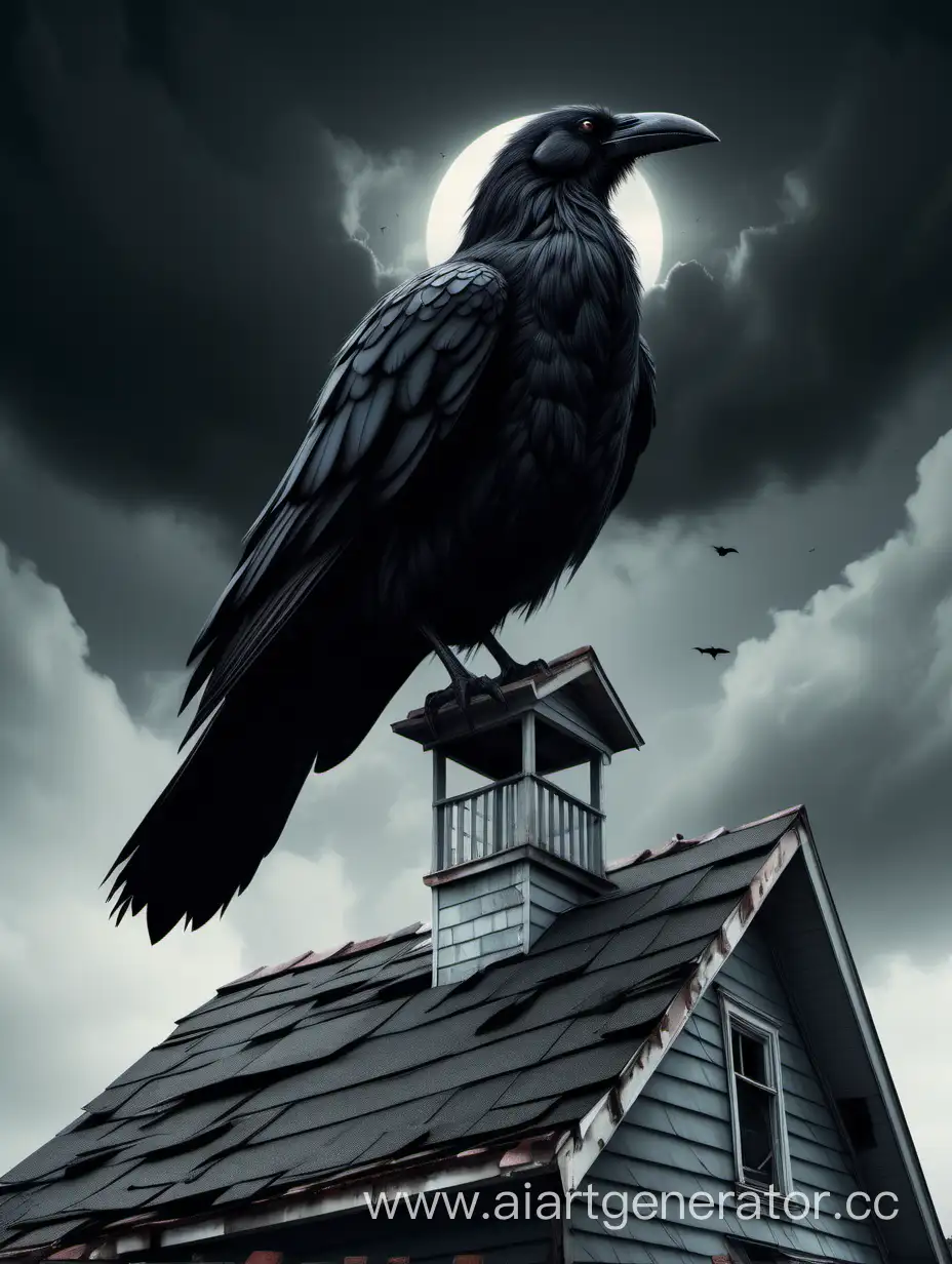 Crea la imagen de un pájaro negro, enorme y tenebroso sobre el techo de una casa pobre 