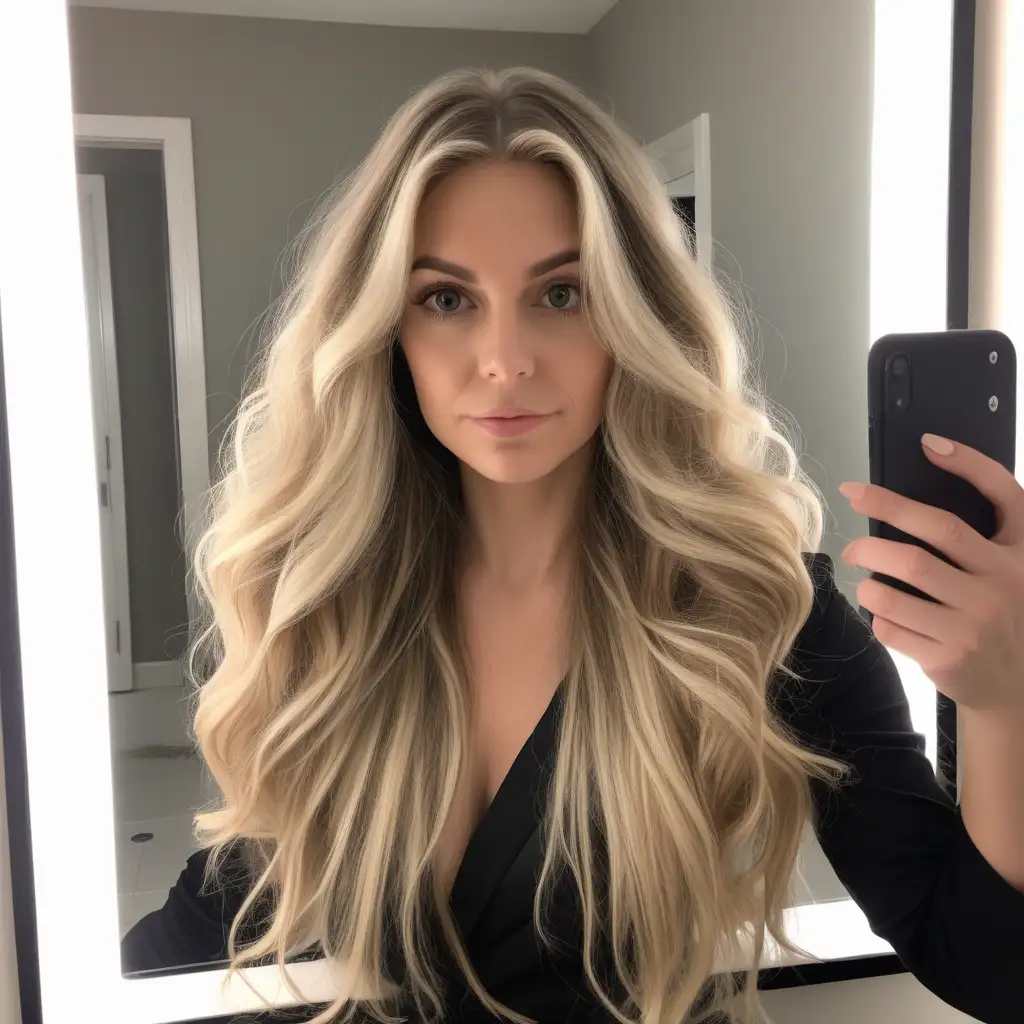 bathroom mirror selfie of a woman who has just finished getting ready for a night out. her hair is long voluminous and blonde balayage