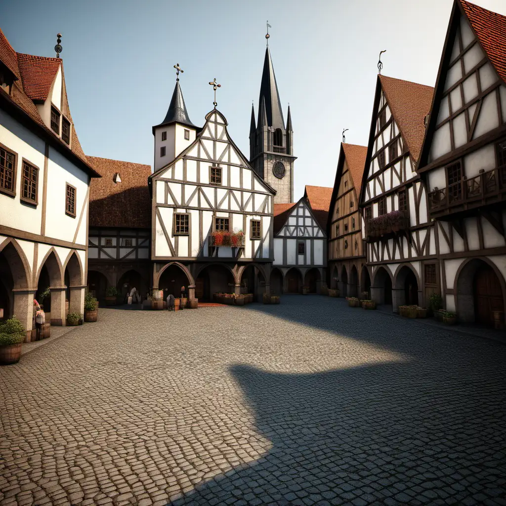 Medieval town square with cobblestone streets and quaint buildings