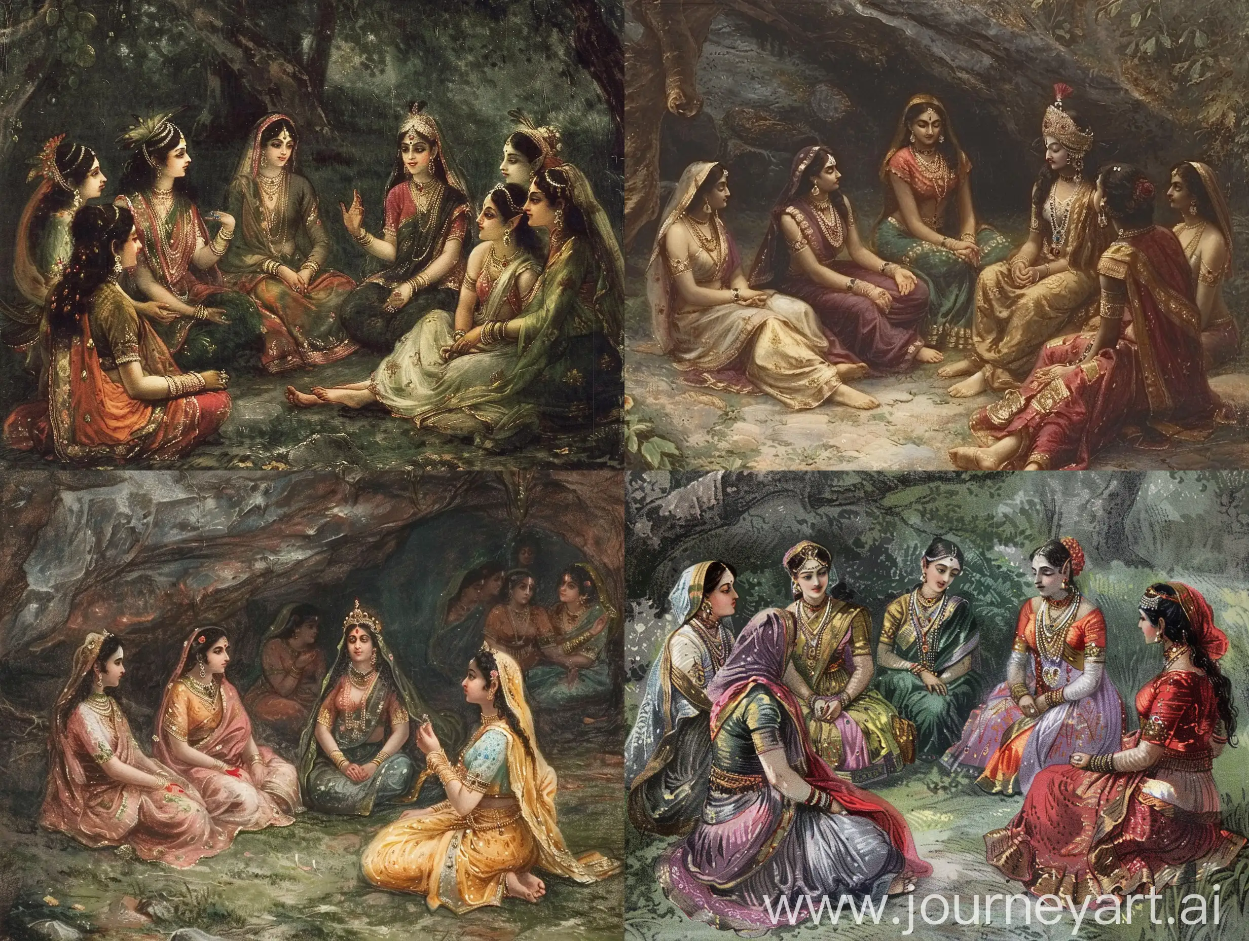 An indian fairy land. Women fairies sitting in a circle.one of them is dressed like a queen.
