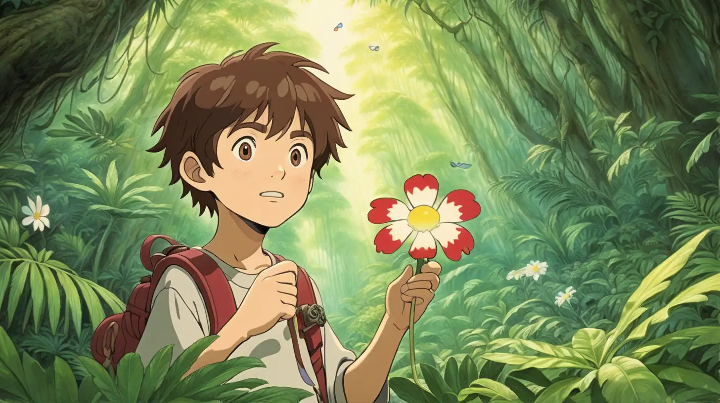a boy with brown hair in a jungle discovering a secret glooming flower, happy, peaceful, beauiful illustration of fantasy, ghibli, princess mononoke, soothing, dark, music, amazing detailed game poster, wide angle, Hayao Miyazaki --ar3:2 --niji 5