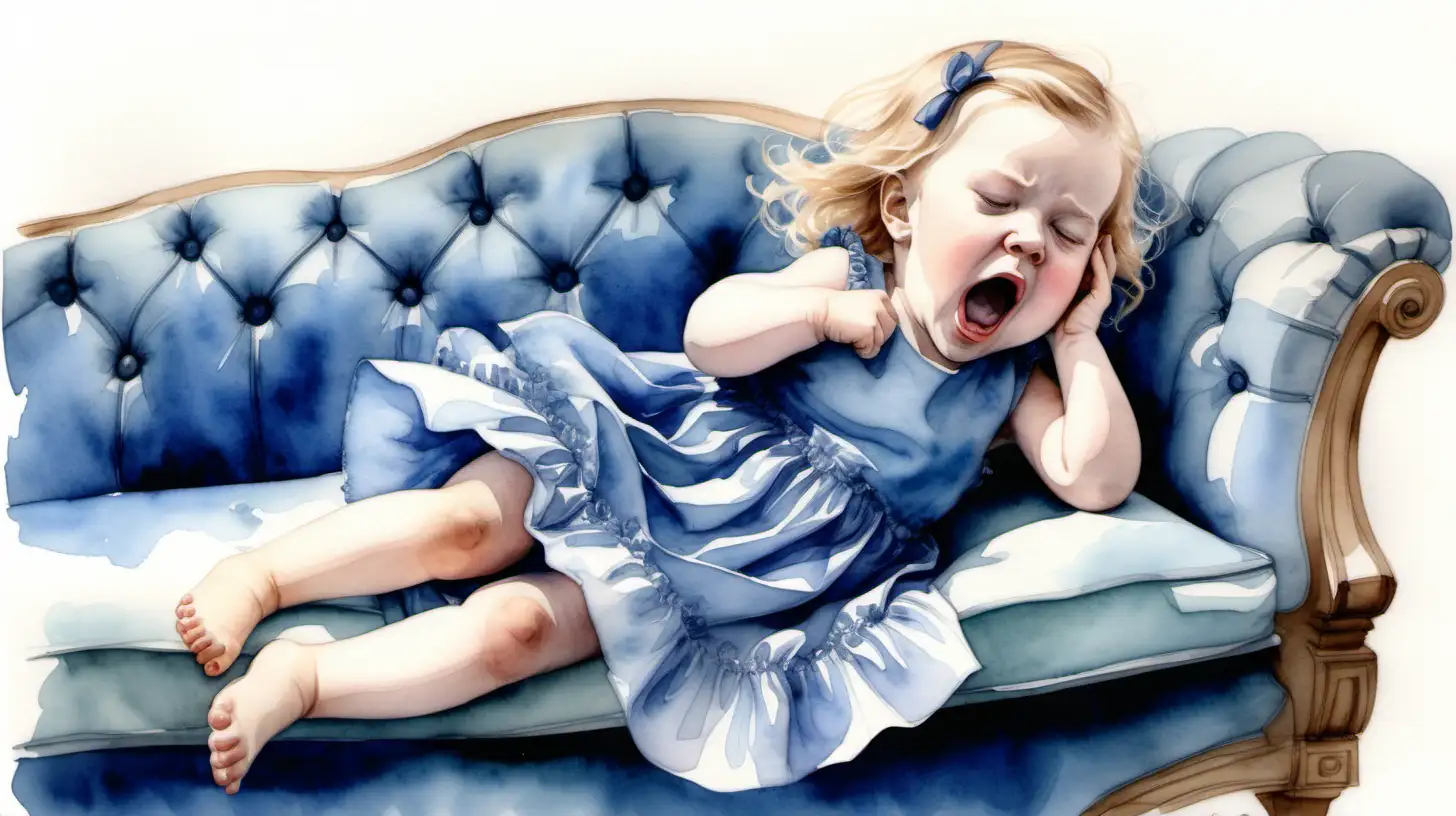 A watercolour painting of darkblond babygirl in a blue dress yawning sleepily on a fairy sofa










