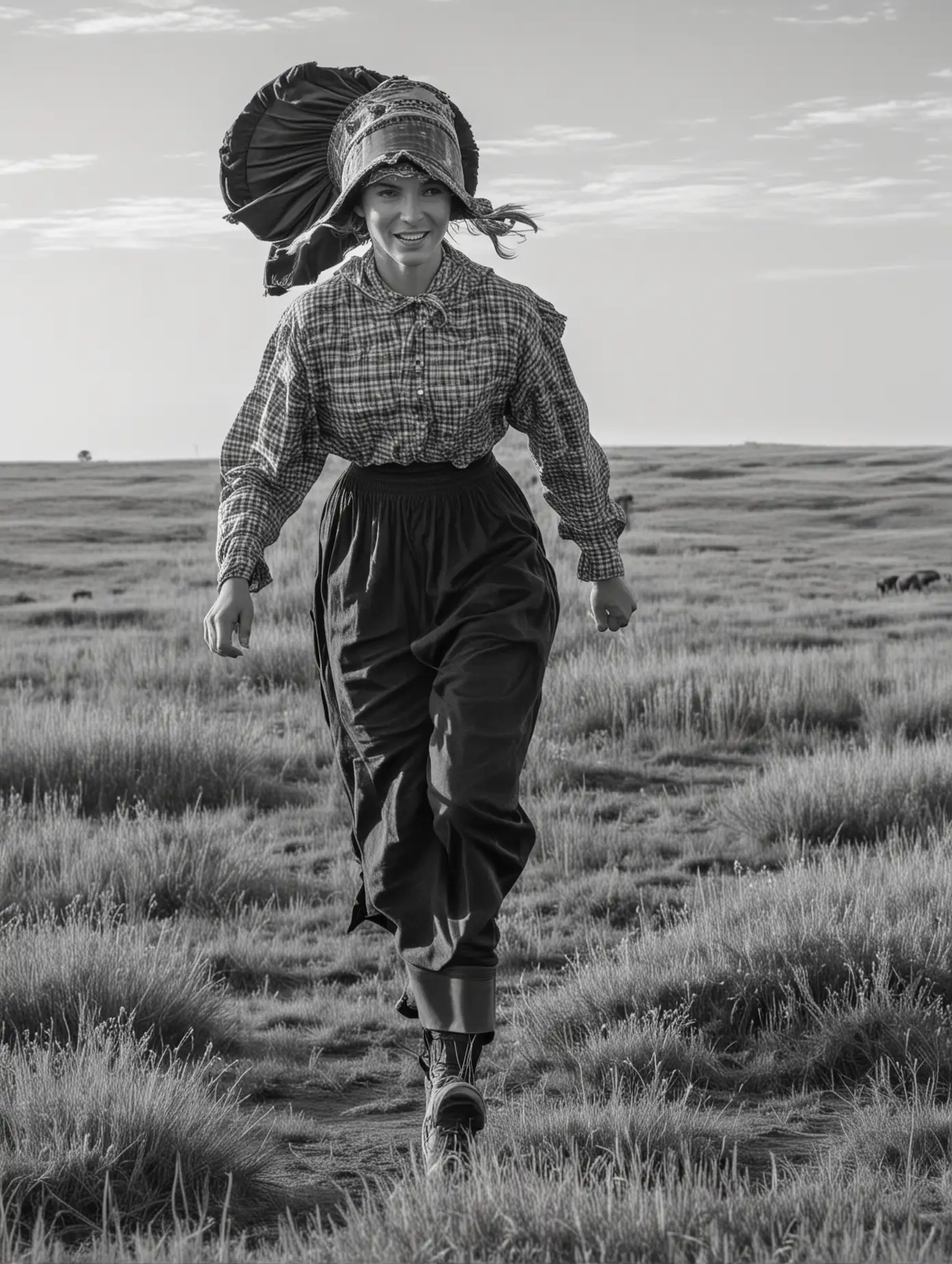 Prairie Pioneer Woman Running Amidst Buffalo Herd