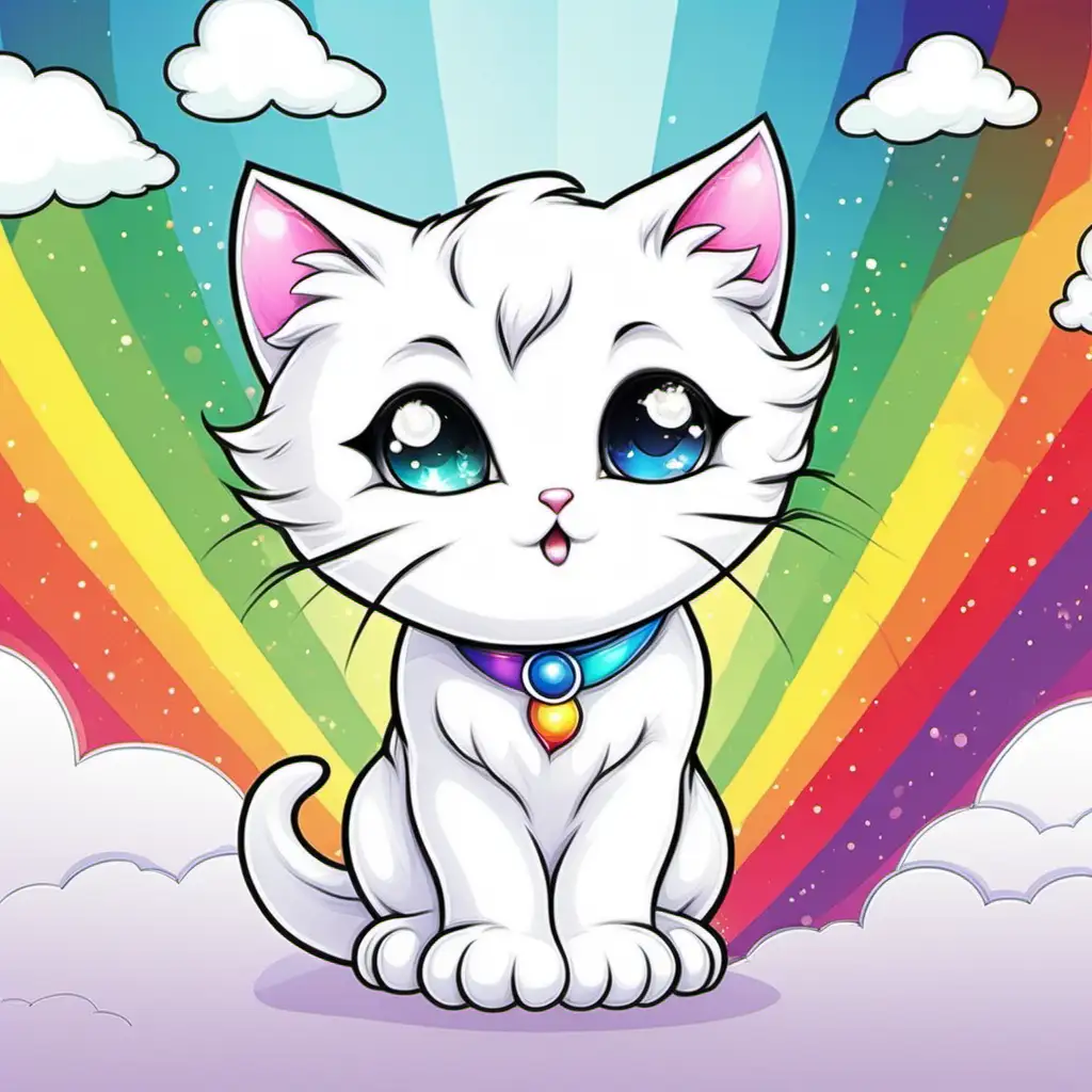 Colored page Cute playful white kittie cartoonlike and a background rainbow
