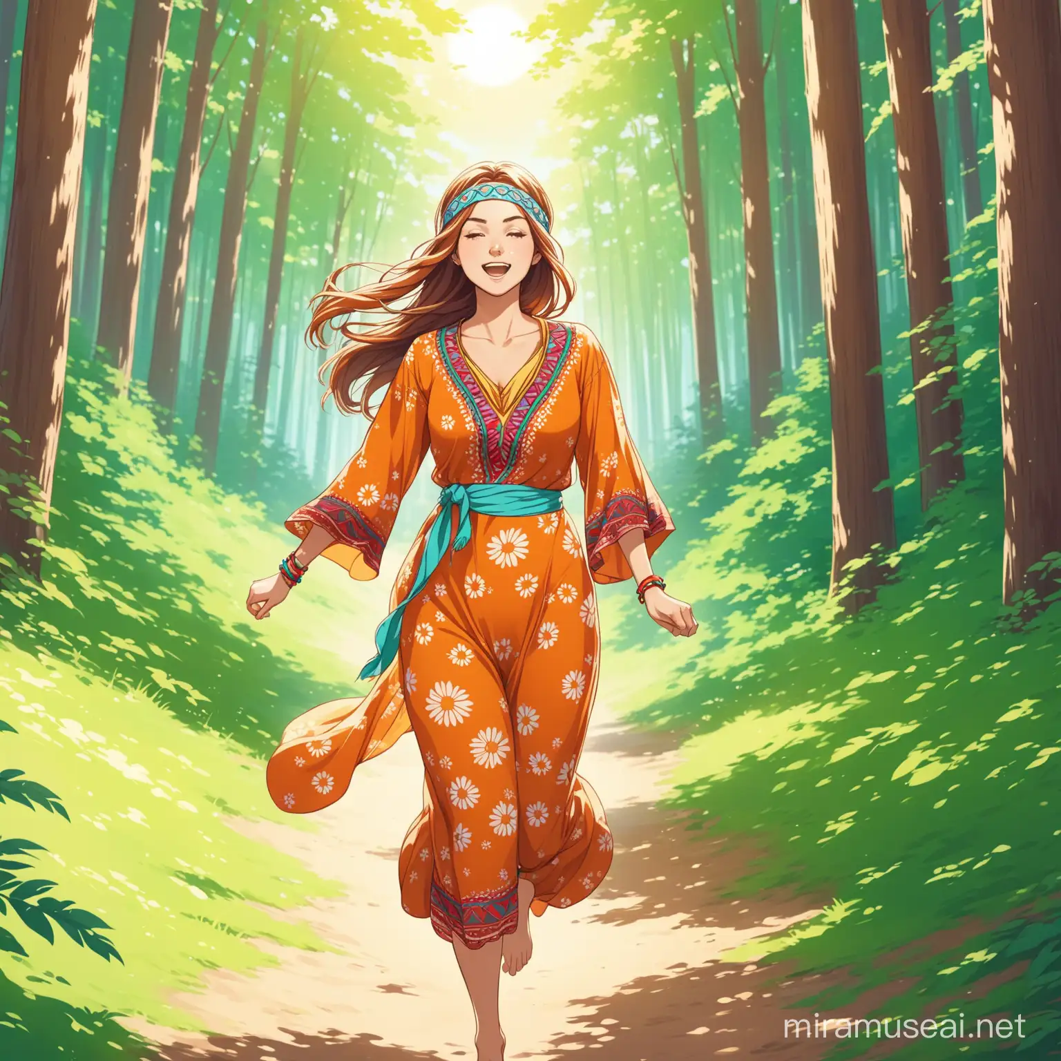 Hippie Woman Running in Sunlit Forest Landscape