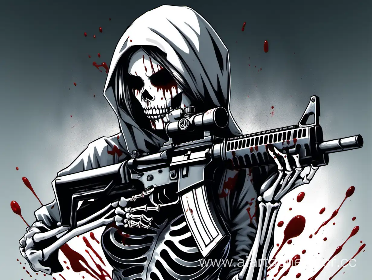 A skeleton girl wearing skeleton mask on her face and  holding m416 gun in her hands,  gun skin is white skeleton and some drop of blood is print on gun