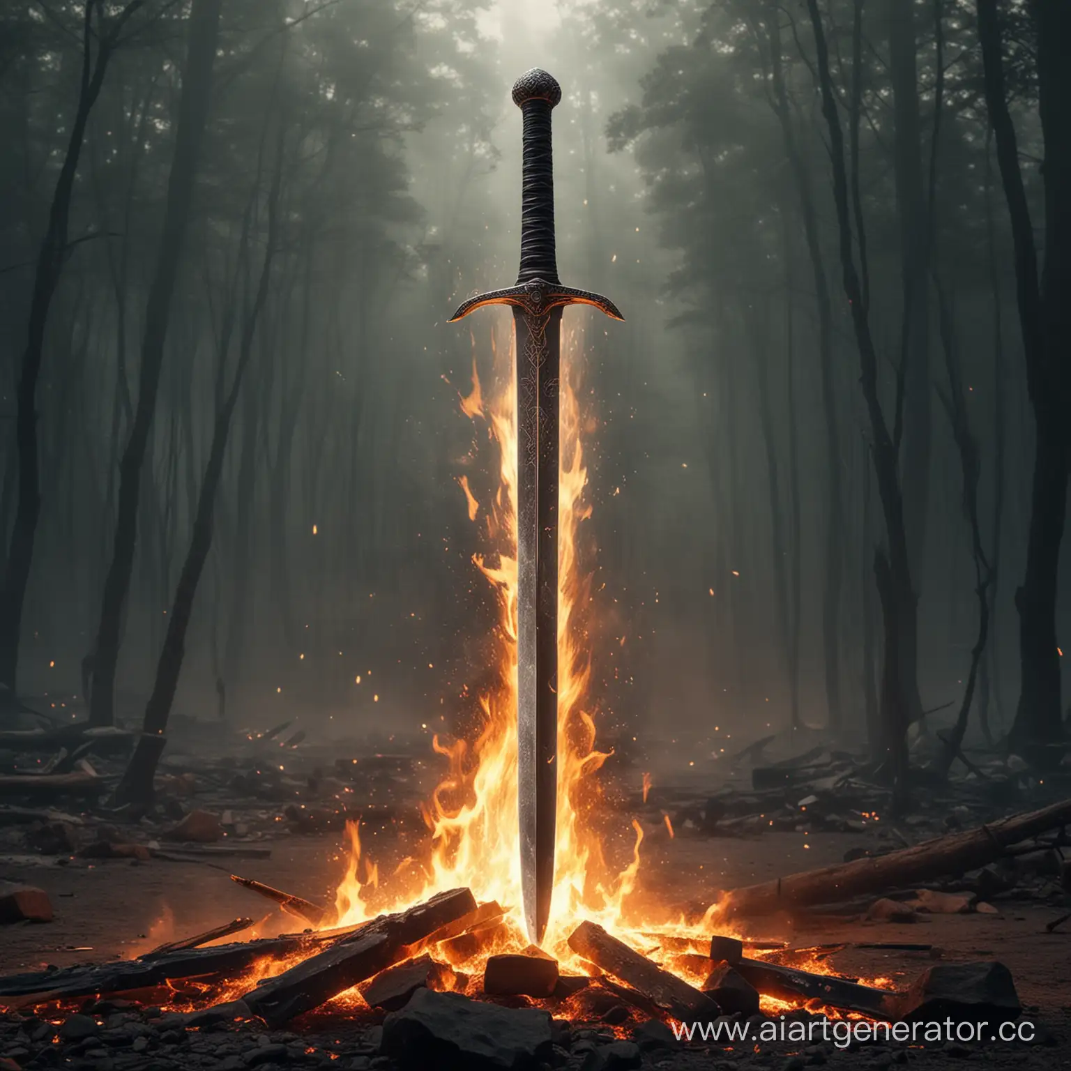 меч из стали в огне без человека

