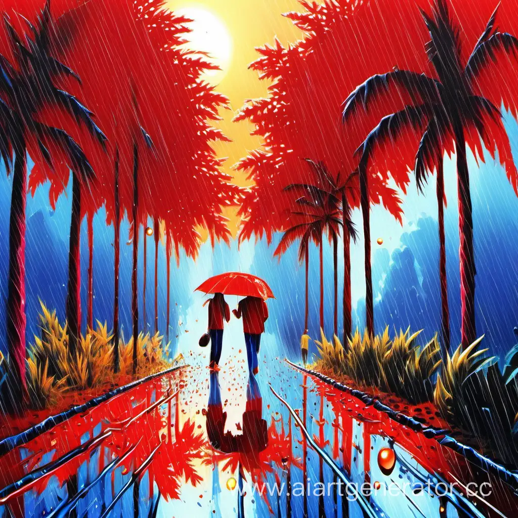 Vibrant-Red-and-Blue-Palette-People-and-Animals-Enjoying-a-Summer-Rain-under-Palms-and-Maple-Trees