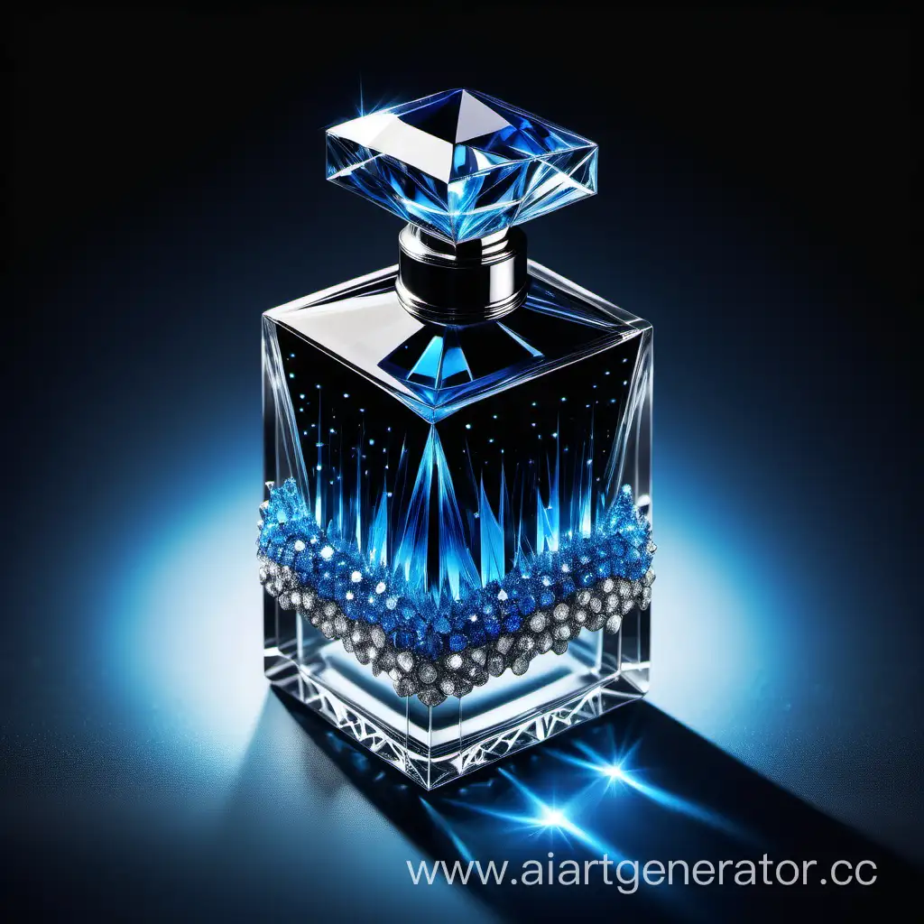 a crystal clear diamonds, with glowing sparks perfume bottle made of blue and black
 transparent 