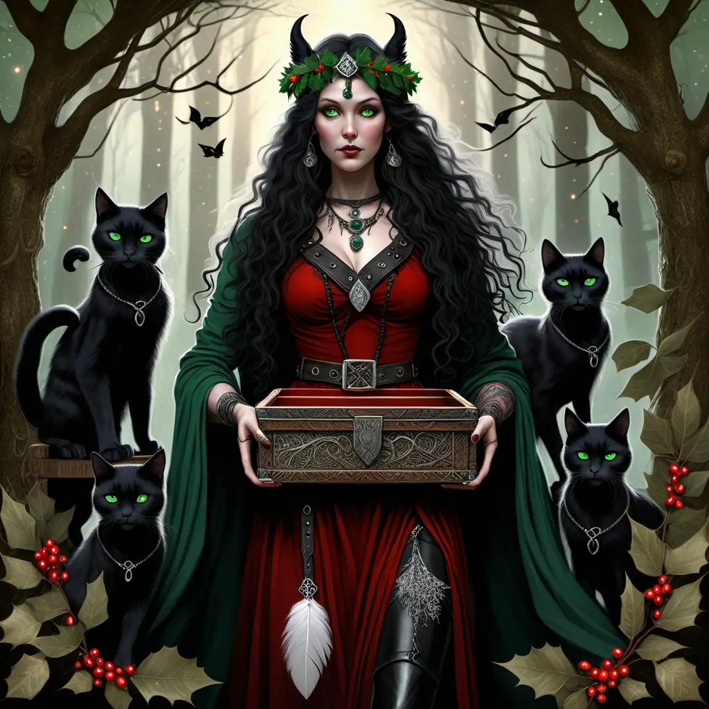 in a ancient forest there is a norse pagan woman with long black curly hair ,she has green eyes &  mascara & eyeliner, wearing a red velvet dress with a leather waistbag on a belt on the side with dangling jewelled feathers attached to the bag, she wears a  headdress of green holly leaves & mistletoe berries on her head , she has in her hands an ancient wooden box with viking symbols all around the box & silver filligree corners the lid of the box is open & mystical fairy dust is emitting from within the box, she is wearing long  laced up black boots, standing beside her one on each side are two large black cats,