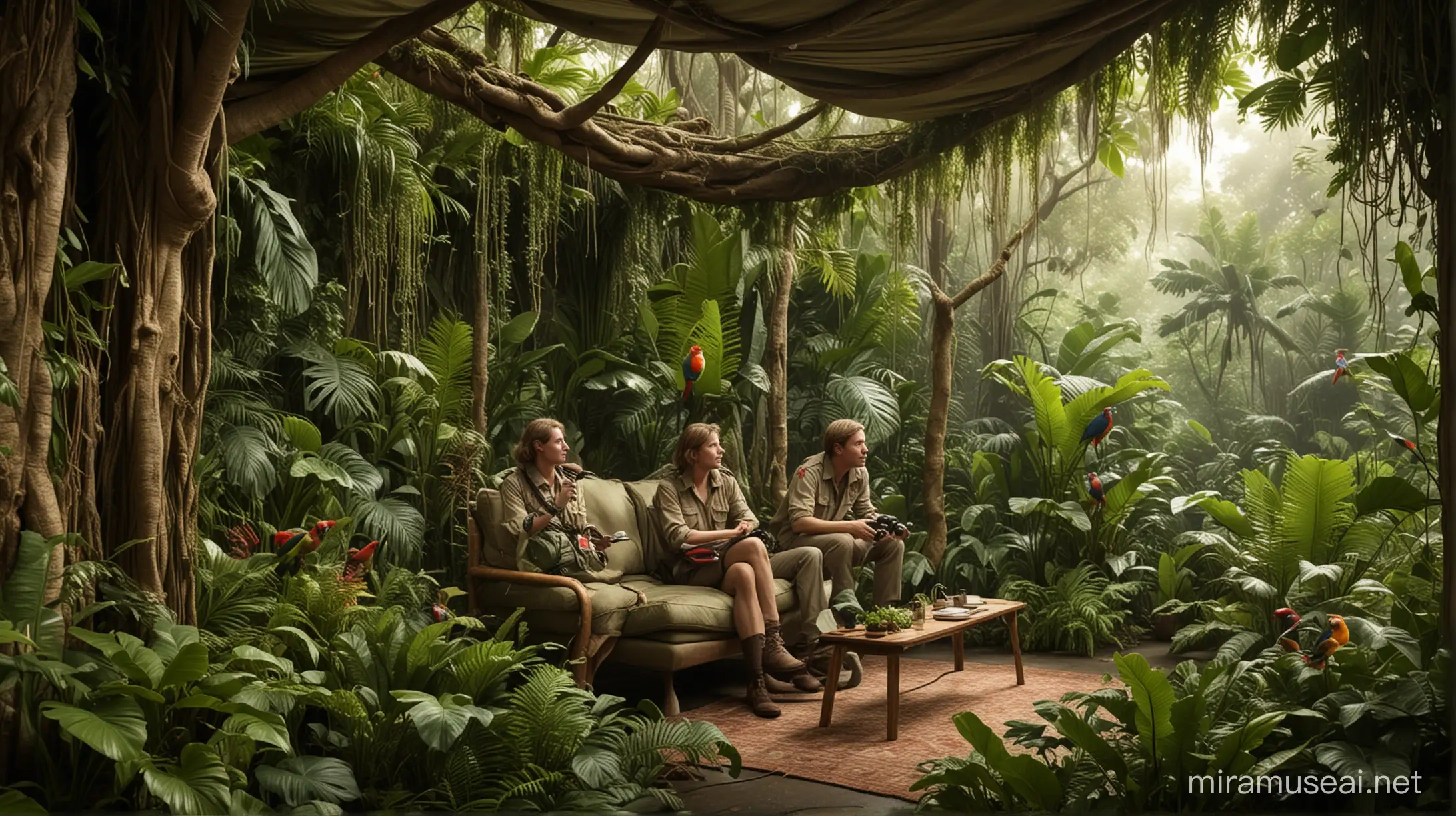 In a living room transformed into a lush rainforest oasis, the spirit of adventure comes alive as three friends don the iconic khaki attire of the legendary Steve Irwin. Surrounded by verdant foliage, cascading vines, and exotic decor reminiscent of a tropical paradise, they immerse themselves in the thrill of exploration and discovery.  The  lose up shot captures the trio in their safari gear, each embodying the fearless charisma of the beloved conservationist. With broad smiles and enthusiastic gestures, they exude an infectious energy that mirrors the excitement of a real-life jungle expedition.  The rainforest-themed living room serves as the perfect backdrop for their escapade, with every detail meticulously crafted to evoke the untamed beauty of the wilderness. From the earthy hues of the furniture to the lush greenery adorning the walls, every element transports them to a world teeming with life and adventure.  Armed with makeshift binoculars and exploration gear, the friends embark on their imaginary journey, traversing the simulated terrain with a sense of wonder and curiosity. They pause to examine intricately designed replicas of exotic flora and fauna, their expressions a mix of awe and fascination.  As they navigate through the makeshift undergrowth, they encounter plush versions of rainforest creatures, from colorful parrots perched on branches to slithering snakes winding their way through the foliage. Their playful interactions with these jungle inhabitants add a touch of whimsy to their adventure.  Against the backdrop of recorded jungle sounds and ambient lighting that mimics dappled sunlight filtering through the canopy, the friends engage in lively conversation and animated storytelling, sharing anecdotes and observations as they explore their imaginary realm.