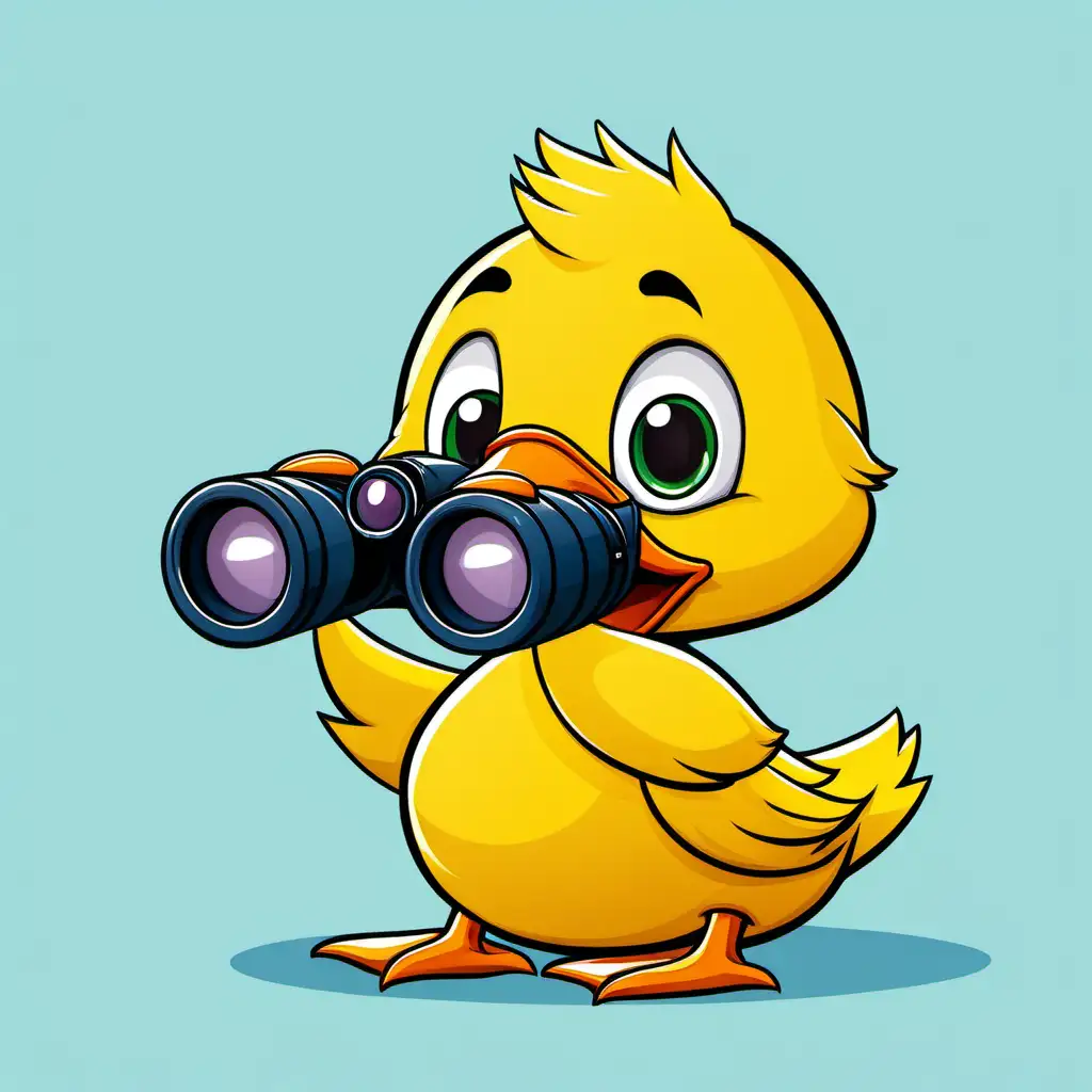 A yellow cartoon duck with binoculars