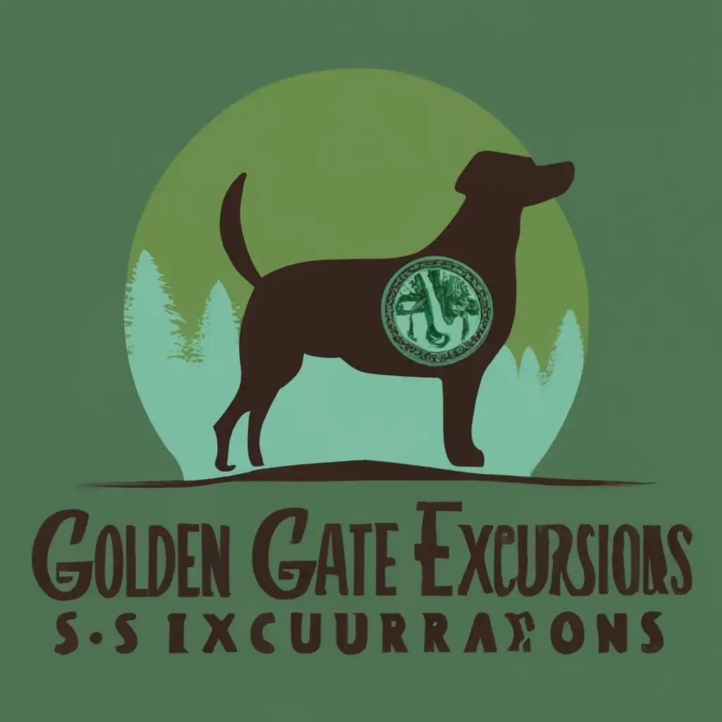 logo, dog, golden gate bridge, trees, with the text "S. F. Dog Excursions", typography
