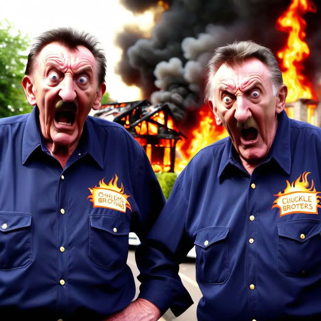 the chuckle brothers really mad and angry with a massive house fire behind them, really angry