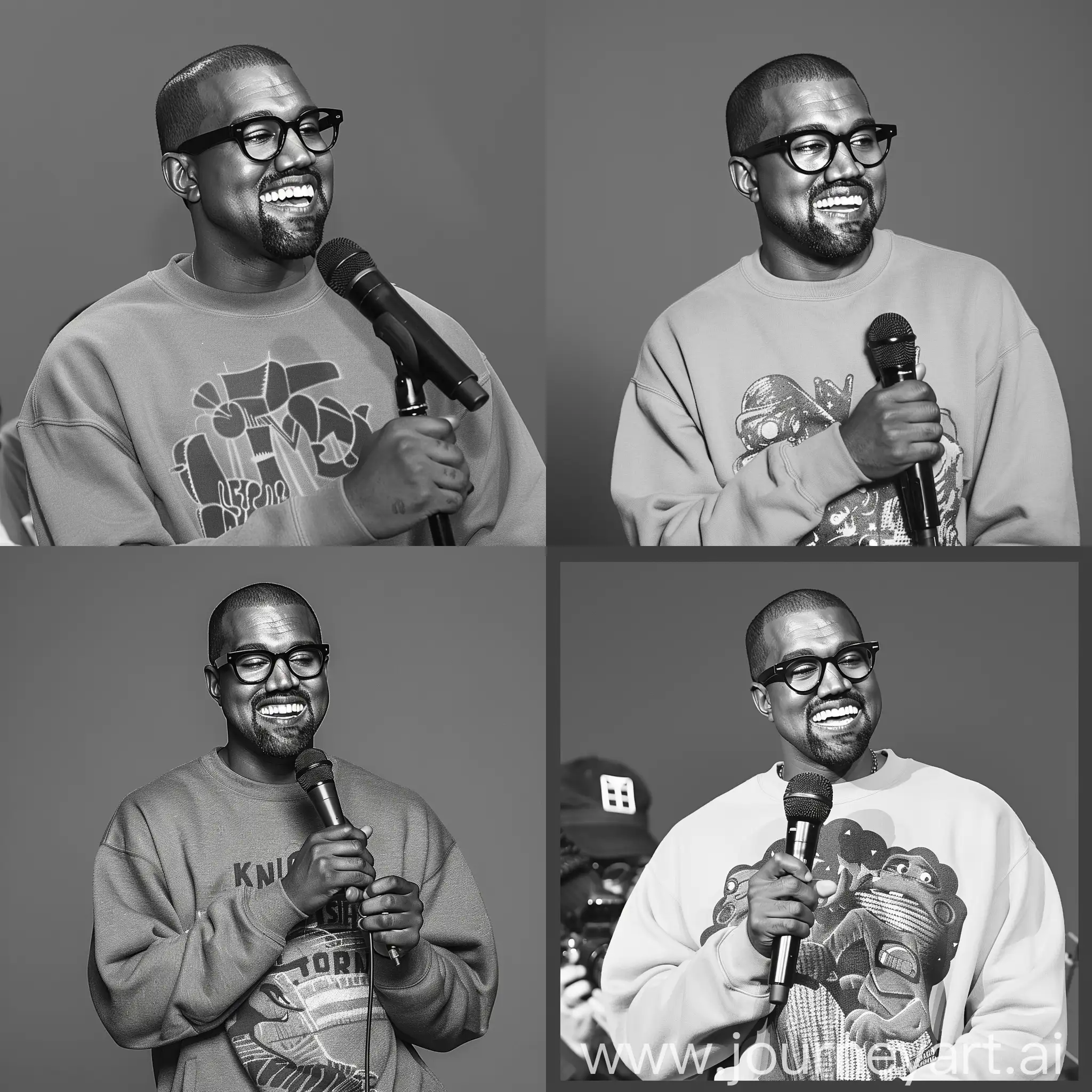 Kanye West in black glasses and a stylish sweatshirt smiling with a microphone, stylish magazine black and white photo, gray uniform background