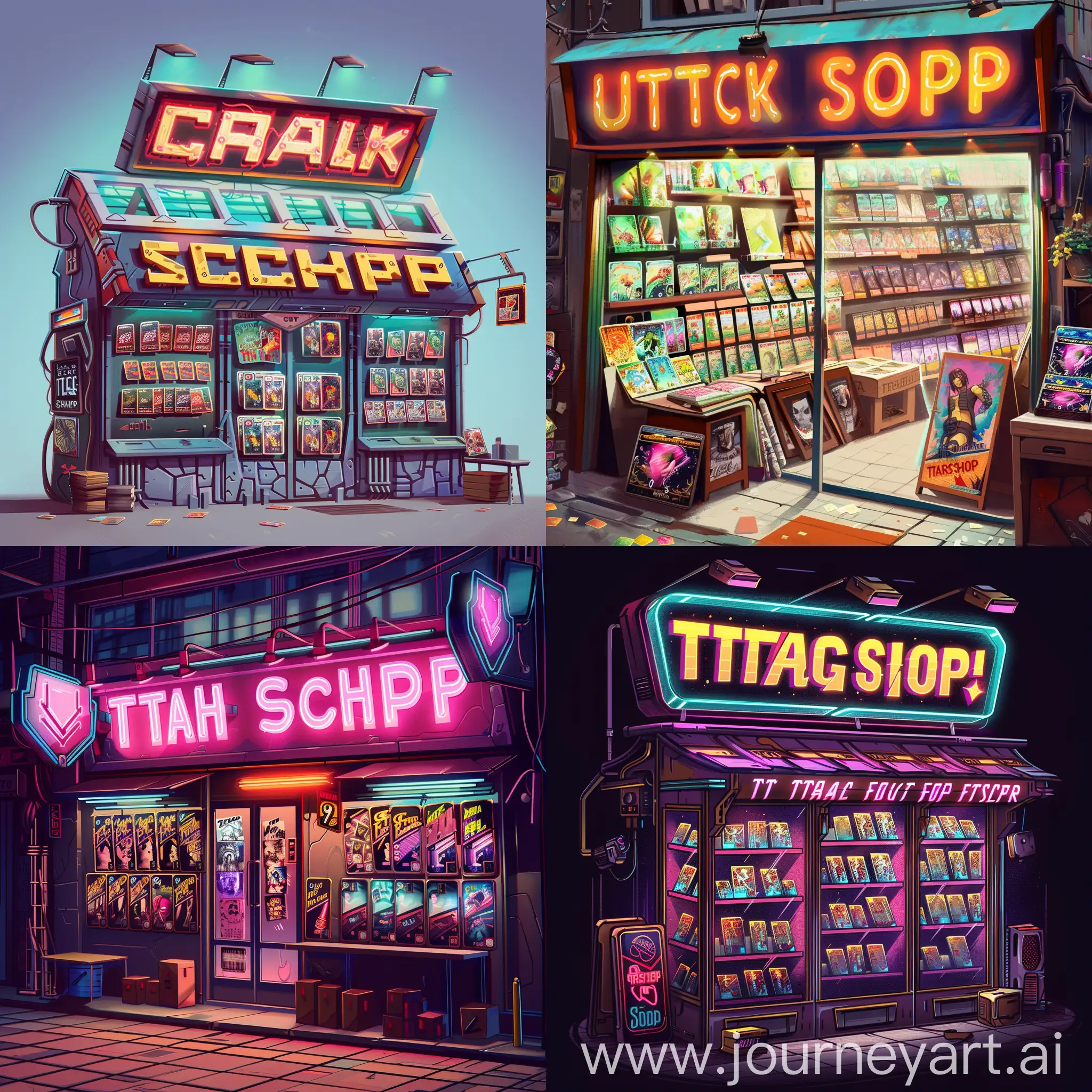 a cyberpunk colorful Japanese manga style for a Trading Crads Shop with a trendy shop sign, ultra realistic