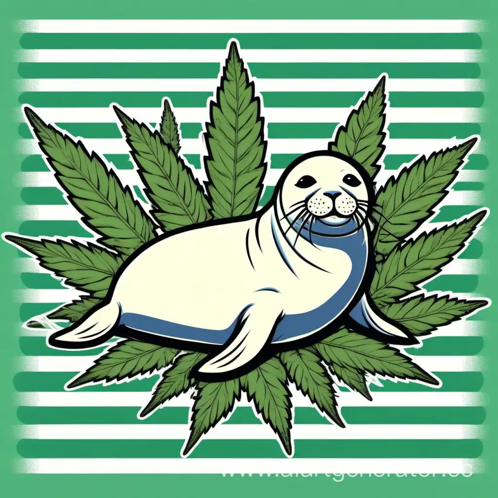 радостный тюлень лежит на белом носке в полосочку с марихуаной 