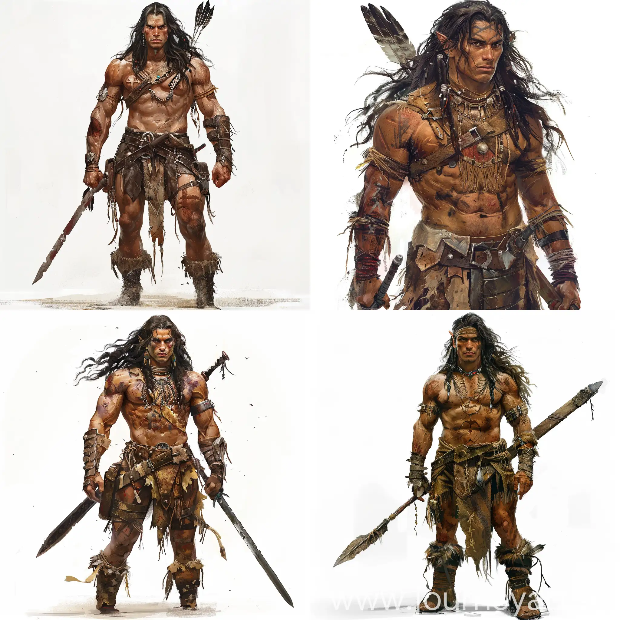 A realistic depiction of a male human with tan skin and long wavy black hair. He has Native American physical features. full body. ultra realistic. He wear old mismatched armor that coves his body and carries one long sword.  blank background. He has scars on his face and a fit body. 