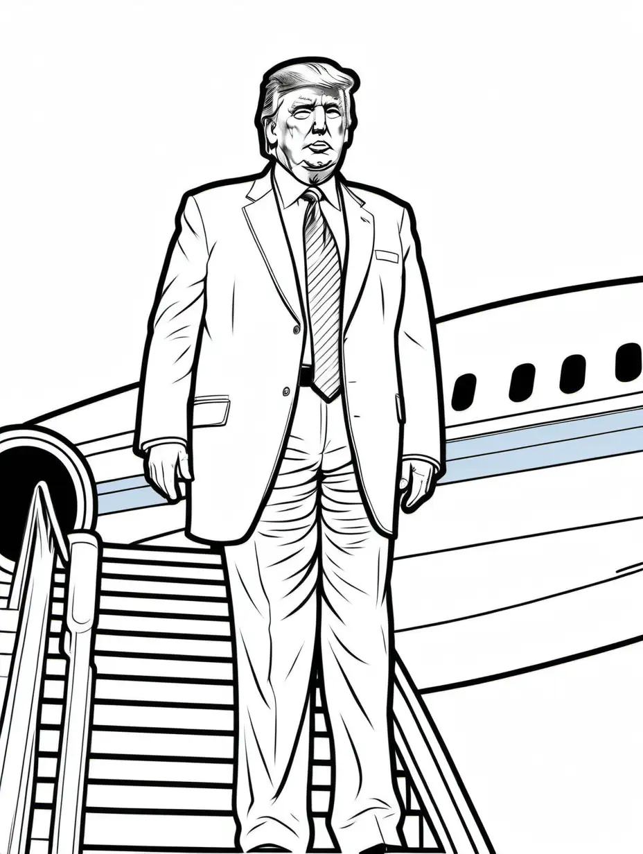 Kids coloring page, b&w lineart, simple, outline, white background, realistic Donald Trump standing on the stairs of Air Force One