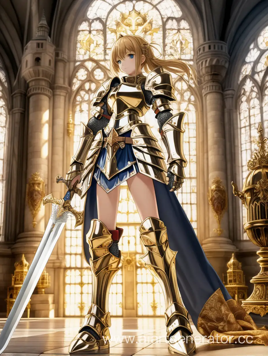anime girl armor knight sword standing gold golden royal castle background hight resolution FHD 4K beautiful  Detailed armor 