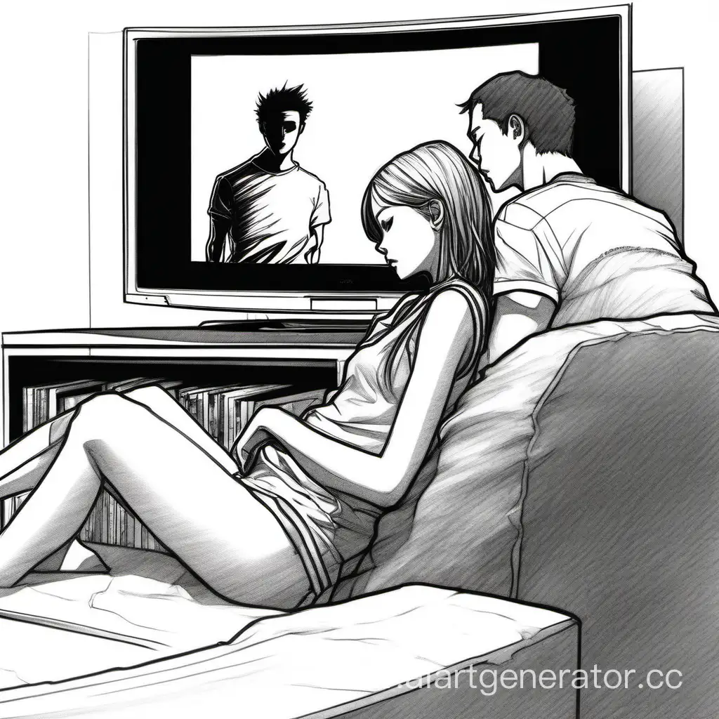 This is a reference drawing for drawing in manga style, with realistic proportions. It shows a guy and a girl watching a movie on a plasma TV. The girl laid her head on the guy's shoulder.. The figure shows only the outline of the figure. There are no clothes, no hair, no eyes in the drawing, just blanks in the form of a pose