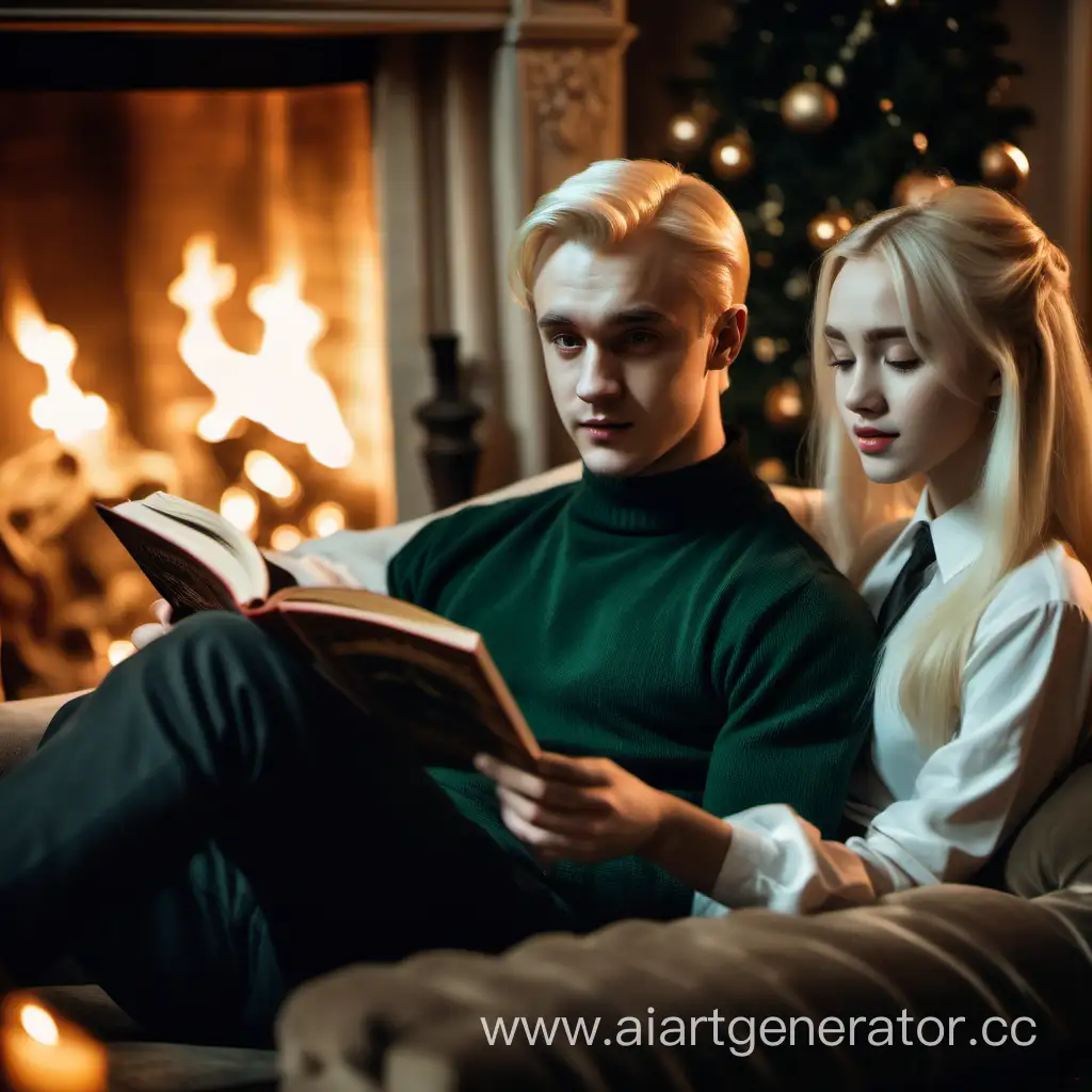 young handsome Draco Malfoy is sitting on the sofa by the fireplace with a girl with blonde hair, reading a book, evening, comfort, rich house