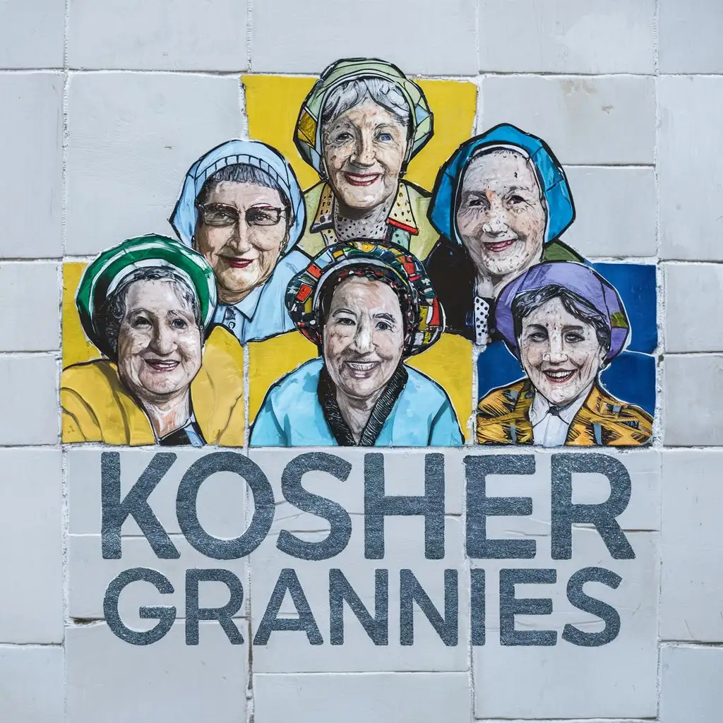logo, Israel, yellow, blue, white, Jewish grannies with Israeli colorful headcovers, in discrete Israeli white tiles, Paul Klee, with the text "Kosher Grannies", typography, be used in art industry