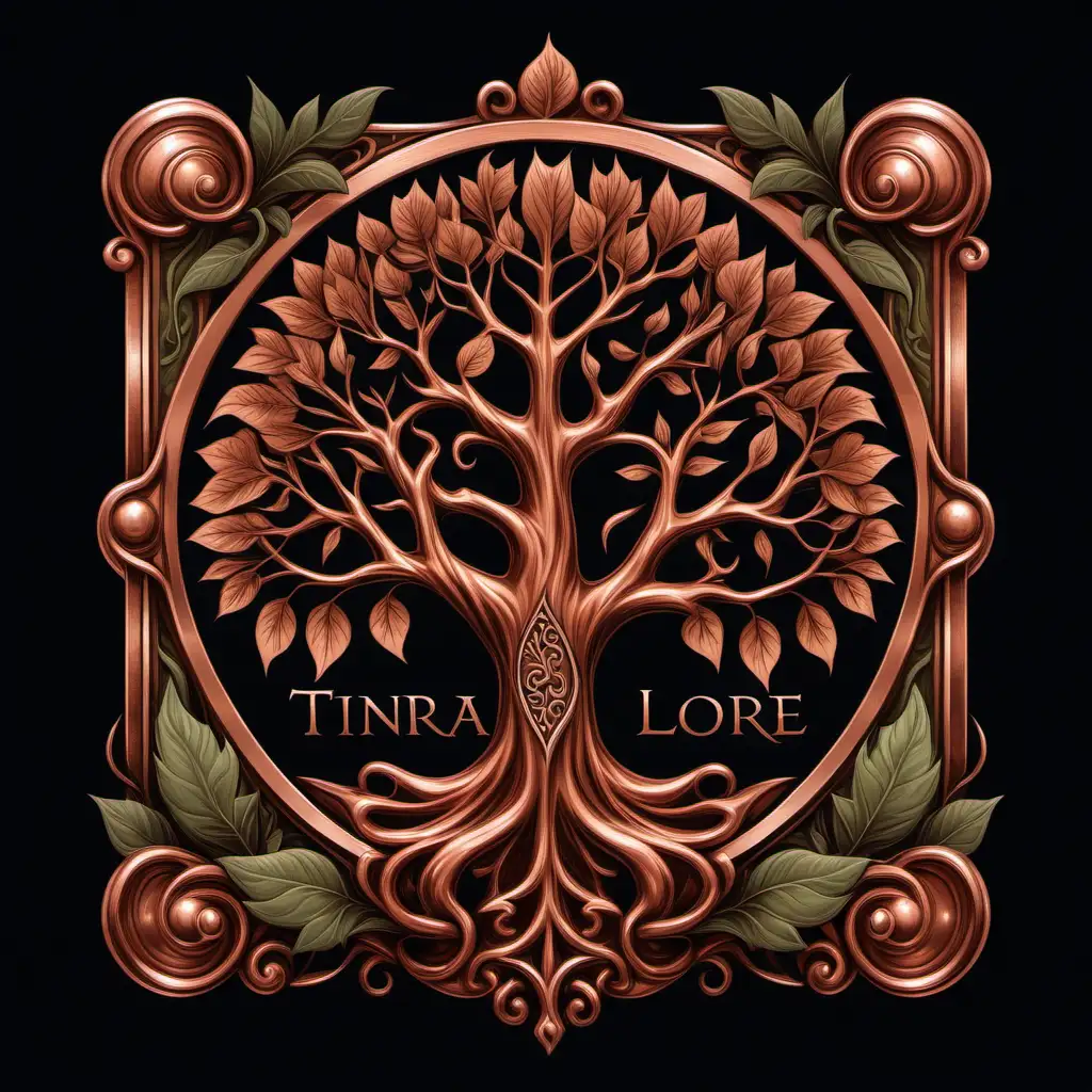 A logo for a tincture company.  Write the words "Flora Lore".  A copper tree trunk with bronze leaves.    A double border with ornate decorations inside the borders.  Outside the borders create ornate decorations so that the overall logo shape is a square.  Black background