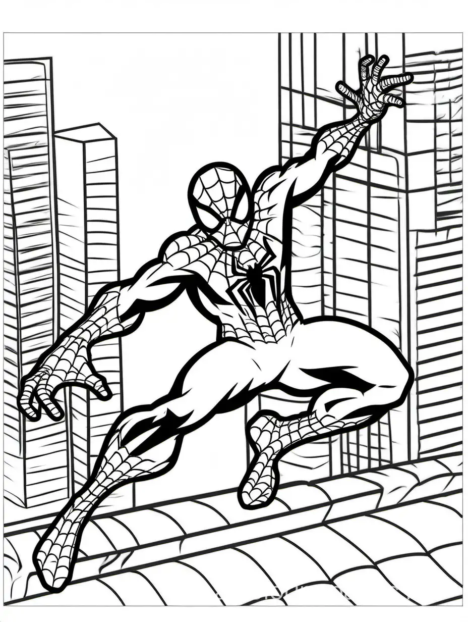 Spiderman making party, Coloring Page, black and white, line art, white background, Simplicity, Ample White Space. The background of the coloring page is plain white to make it easy for young children to color within the lines. The outlines of all the subjects are easy to distinguish, making it simple for kids to color without too much difficulty