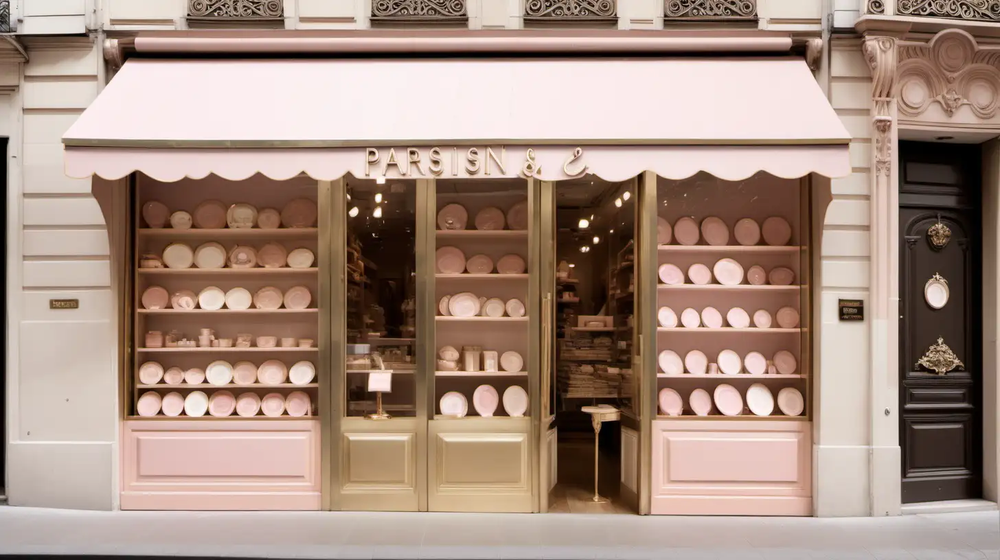Parisian shop; beige, oak, brass, ivory, soft pink colour palette;