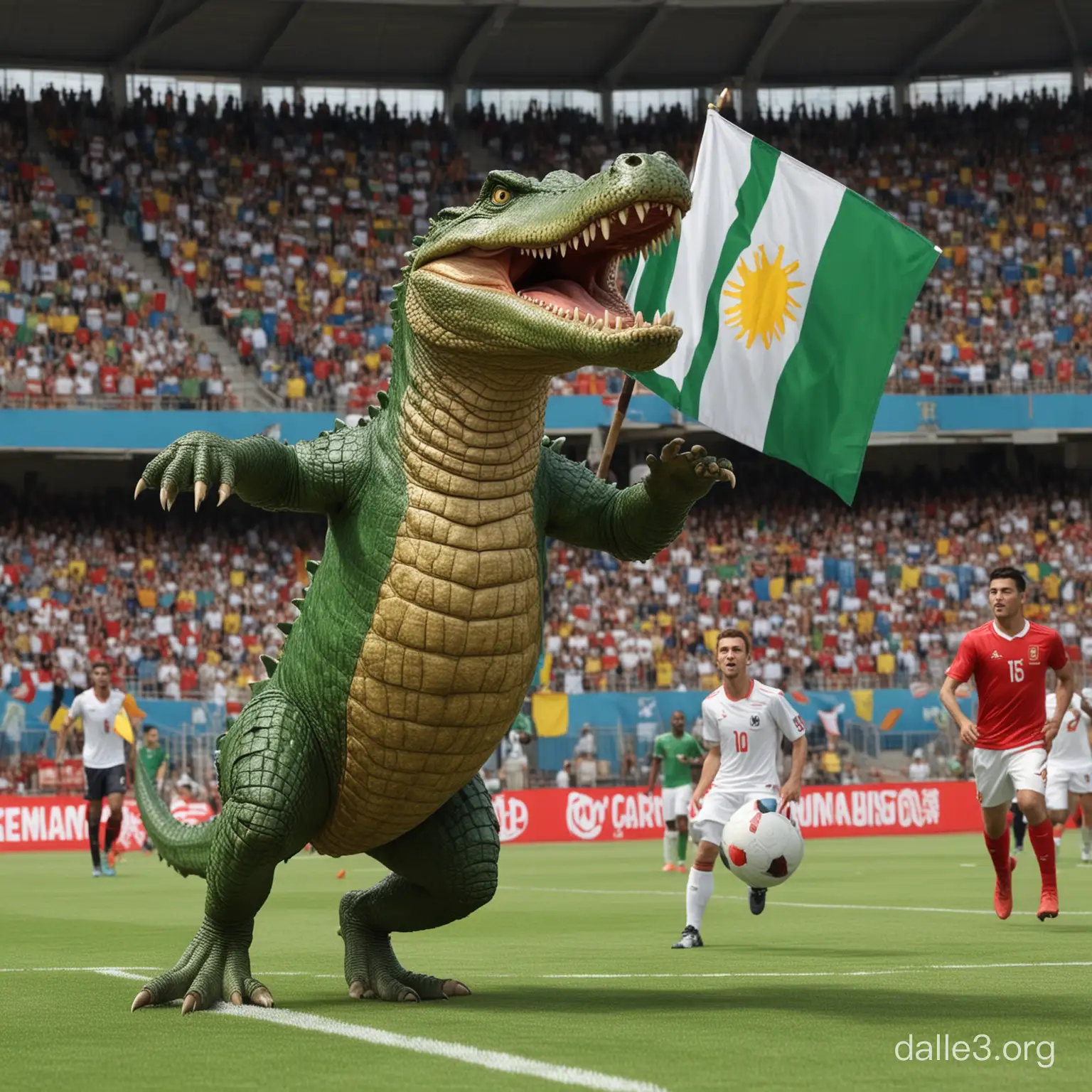 crocodile beast play football and backround stadium full of spectator with world flags