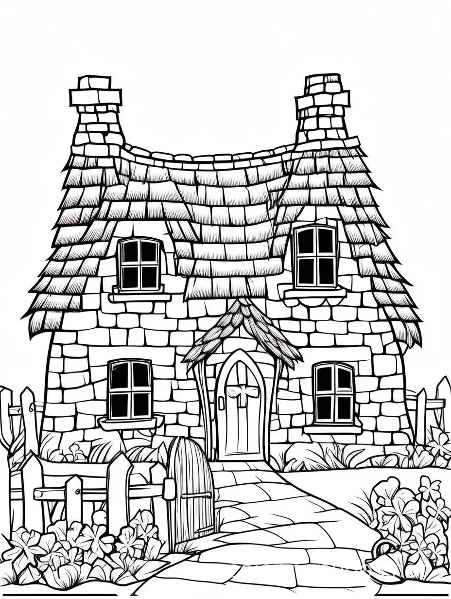 Irish cottage with a thatched roof
 for St. Patrick's Day for kids
, Coloring Page, black and white, line art, white background, Simplicity, Ample White Space. The background of the coloring page is plain white to make it easy for young children to color within the lines. The outlines of all the subjects are easy to distinguish, making it simple for kids to color without too much difficulty