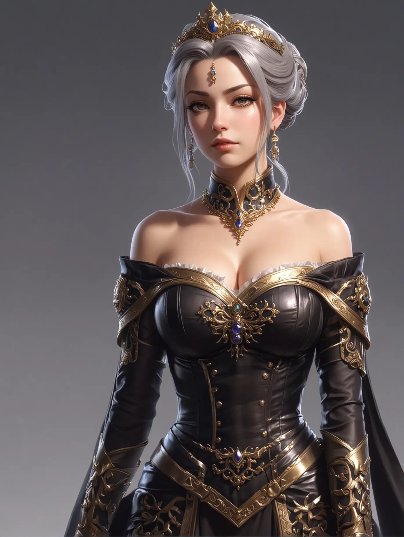 jrpg, adult woman, antagonist, empress, smug, revealing dark regal dress, confident, sexy, fantasy, another eden, waist up fully in view, portrait, no background, facing slightly to the side, staring at the camera