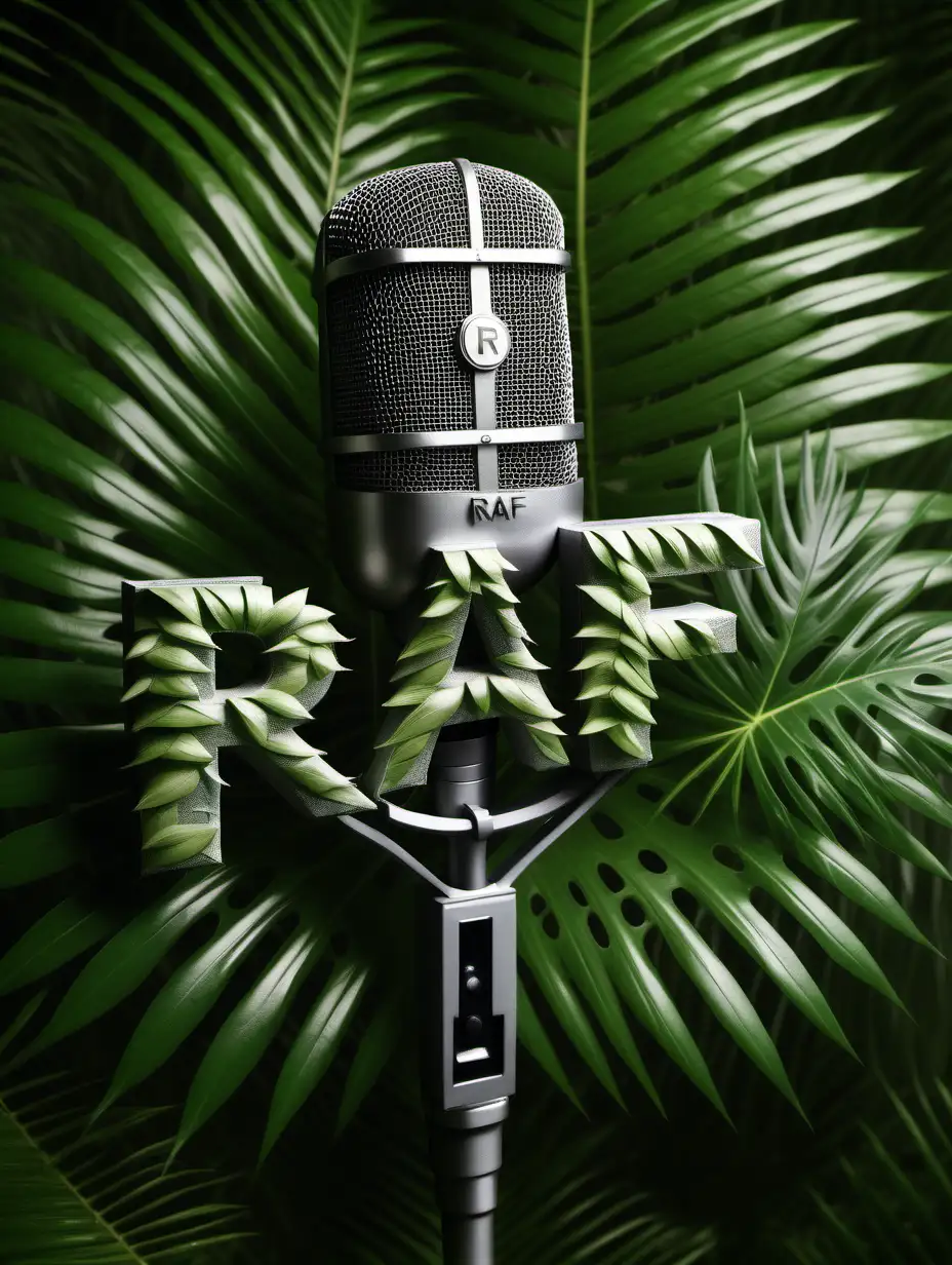 Vintage Text Creation on Antique Microphone with Ethereal Green Palm Leaves