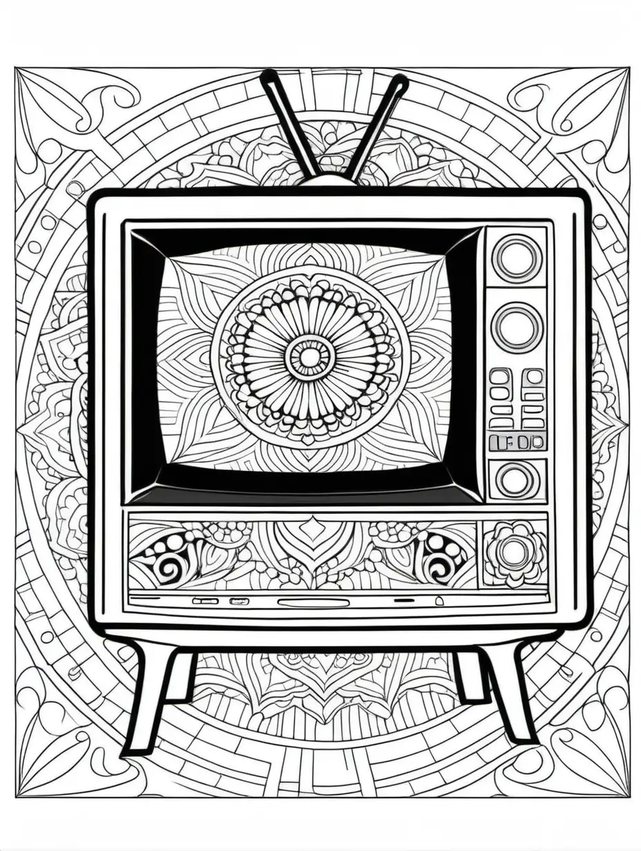 adult coloring book, clean black and white, single line, mandala in the shape of a floor model television
