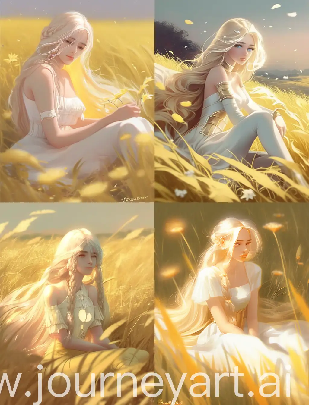 a beautiful girl sitting in the field with long hair, in the style of adam hughes, yanjun cheng, light white and light gold, cartoon, artgerm, 8k, light gold and yellow 
