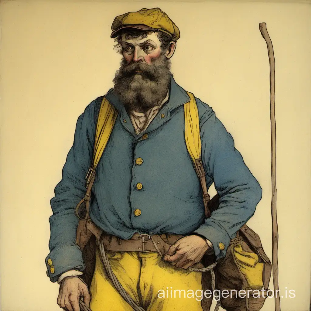 19th century, October evening, a man of medium height, stocky and robust, about 46 years old. He wears a leather cap, a yellow coarse canvas shirt quite open to reveal his hairy chest. He has a rope tie, worn blue trousers, torn at one knee. He carries a soldier's bag on his back and has a stick in his hand. His head is shaved and he has a long beard.
