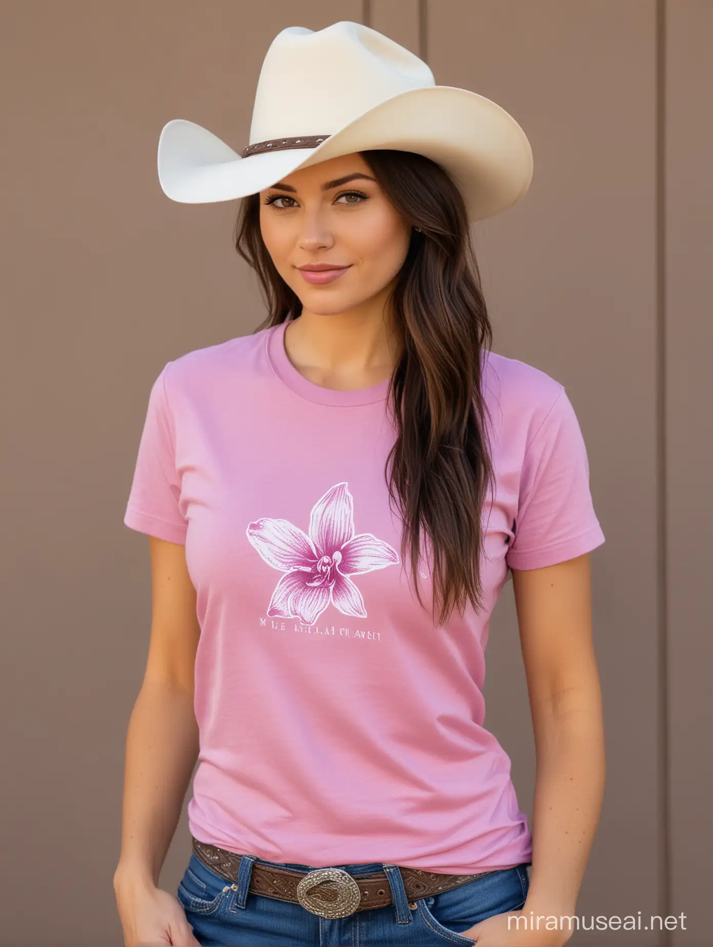 cowgirl model wearing cowboy hat and Bella Canvas Orchid color plain tshirt